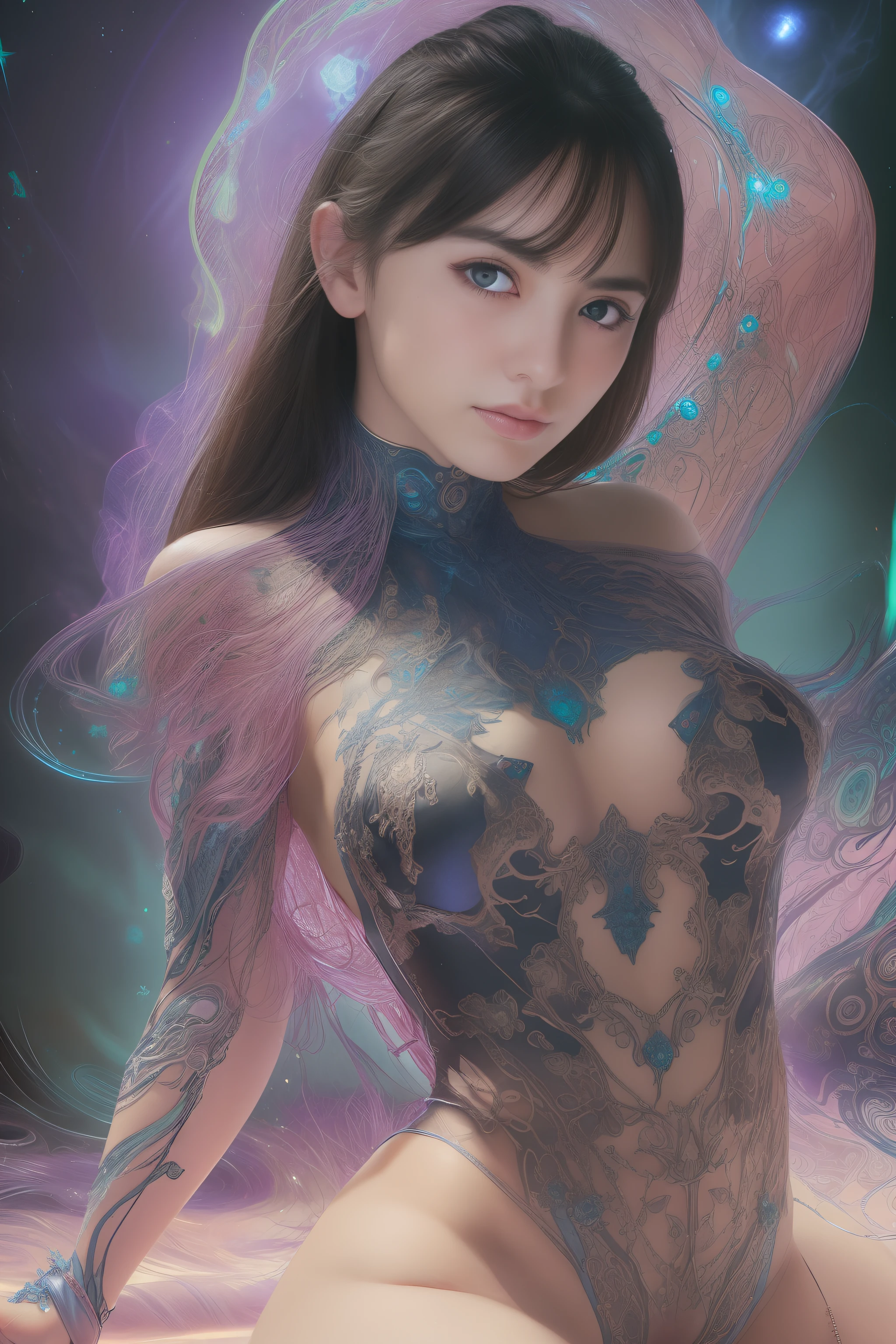 From Side, Photorealistic, Official art, Unity 8k壁纸, 8K Portrait, Best Quality, Very high resolution, (Incredibly beautiful nature background:1.6), One girl, One beautiful teenage italian girl, , Obscene, (Sexy and glamorous:1.1), (A coquettish expression:1.6), (small breasts with raised areolas,,,,,,:1.6), Vulgarity, (seductively smiling:1.2), (full body1.0), (erotic posing:1.5), (Magic Attack Pose:1.6),(magical effects like sparkles or energy:1.5), (Electric shock from hands:1.1), (Detailed blue bodysuit with beautiful fractal or marble design:1.5), (Beautiful and d delicate ruby, topaz, emerald and sapphire jewelry:1.45), Beautiful seductive face, Portrait, (Thick eyebrows:1.2), (Big purple eyes:1.2), Beautiful eyes with fine purple symmetry, (ultradetailed eyes:1.4), (High resolution eyes:1.1), Intimate face, (ultra detailed skin texture:1.4), Perfect Anatomy, Thin, (Beautiful toned body:1.1), Hair Bow, (Moist skin:1.1), full of sweat, No makeup, dark circles, Good anatomy, Focus Face, goodlooking, (Emilia Clark:0.6) (Emma watson:0.3),(Jennifer Connelly:0.4), (sensual face:1.5), Elegant face, Nice, Dolce, Cyberpunk Sci-Fi, (Gauntlets with intricate and beautiful designs:1.2), Blurred background, Blurred foreground, depth of fields, (Motion Blur:1.1), Complex and colorful biomechanical bodysuit, Zentangle, mandalas, Entangled, (Small breasts:1.2), Sheer breast, (Beautiful :1.2), (NSFW:1.2), large hips, drivel, Juice stain, grabbing on breasts