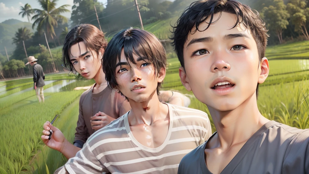 Three boys in a paddy field. In a raw..
