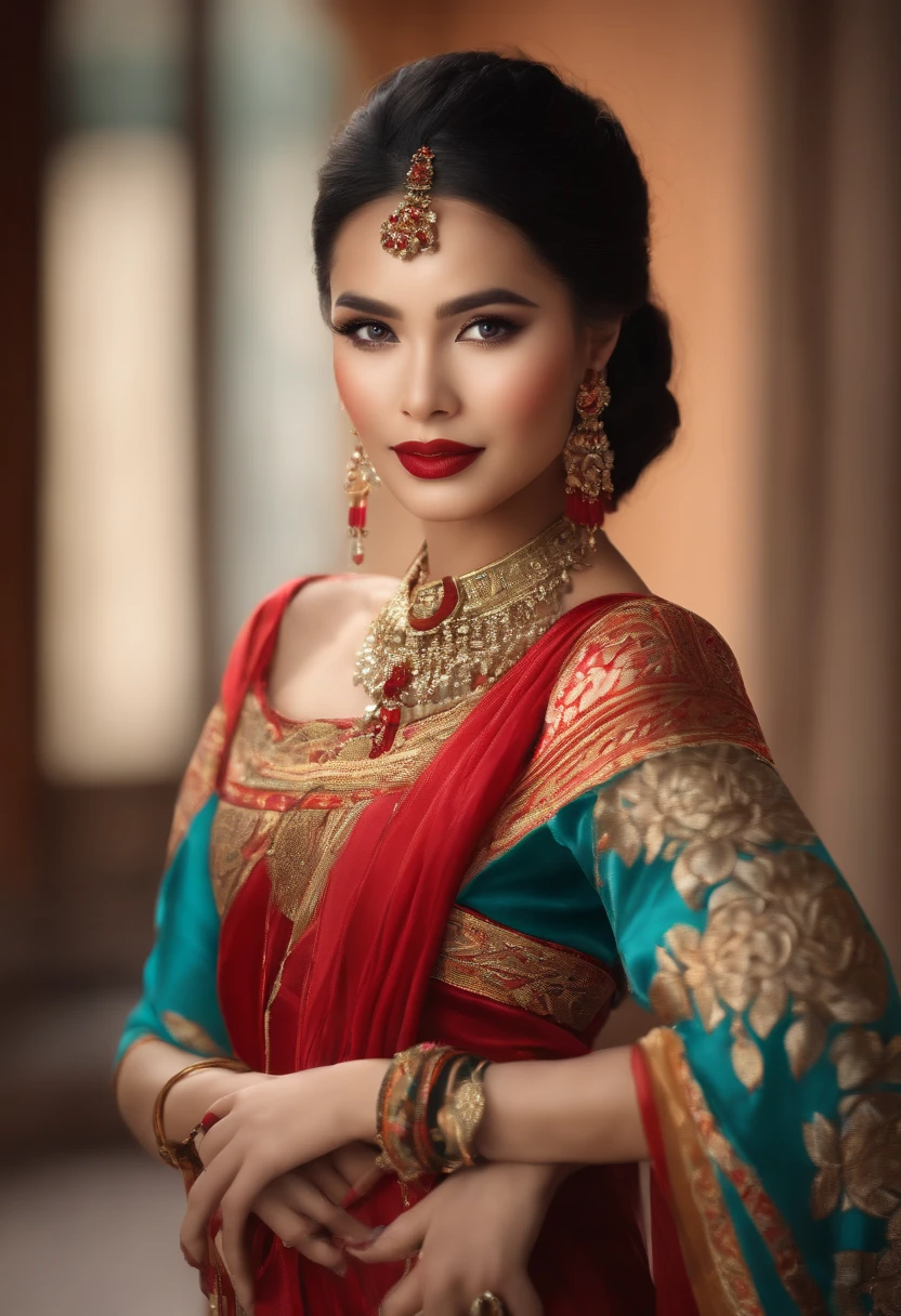 beautiful detailed eyes,beautiful detailed lips,extremely detailed eyes and face,longeyelashes,sexy pose,exquisite cheongsam,feminine elegance,flawless skin, exotic beauty, confident smile,flowing black hair,traditional Peruvian accessories, vibrant colors,studio lighting,(best quality,4k,8k,highres,masterpiece:1.2),ultra-detailed,(realistic,photorealistic,photo-realistic:1.37),charming and alluring expression,colorful background,artistic composition,Peruvian cultural elements,traditional patterns,graceful posture,emphasis on details,alluring atmosphere
