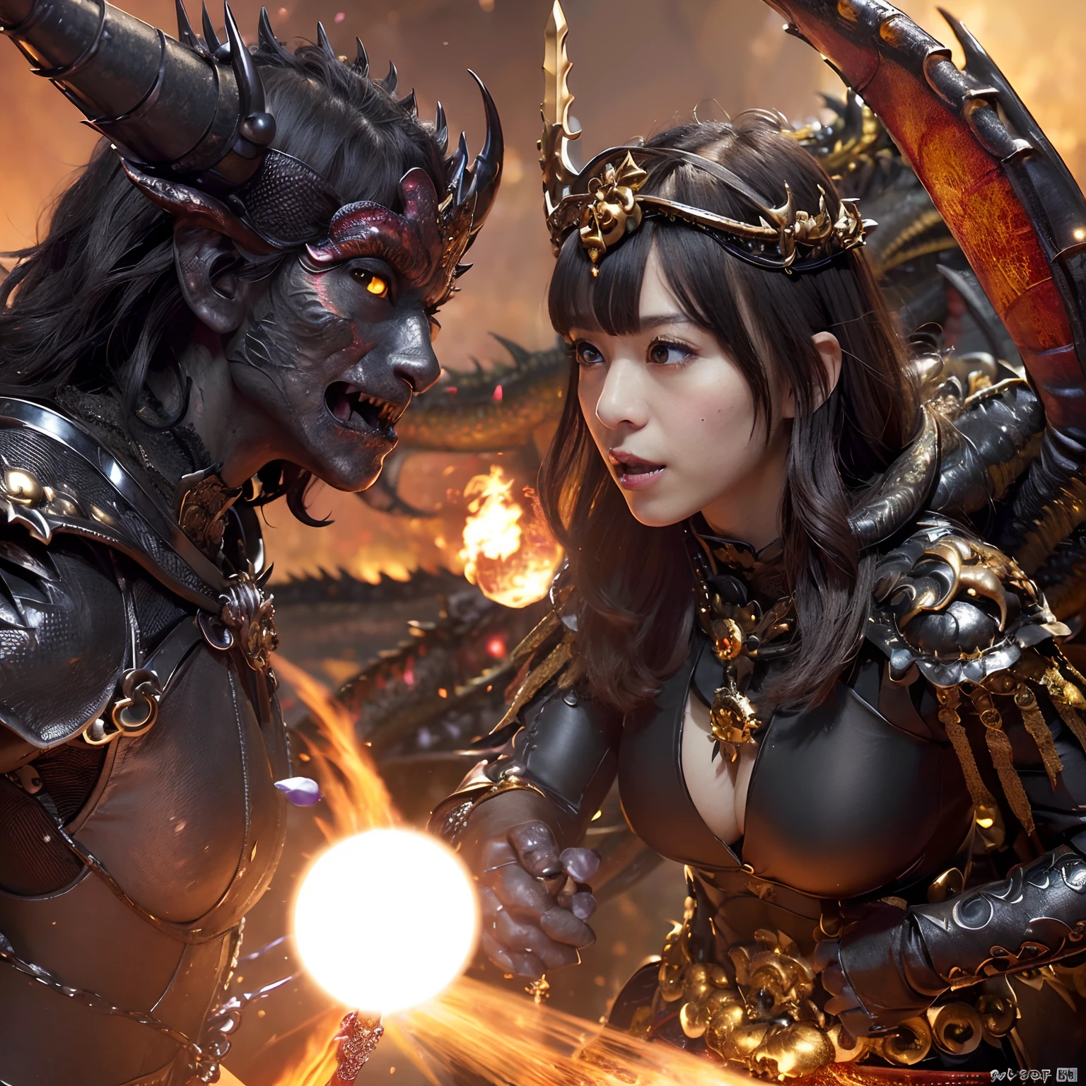 (The Ultimate Beauty Face), Professional , ​masterpiece、top-quality、photos realistic , depth of fields （Gemstone Black Metal Body:1.4),(Matte Black、（cleavage of the breast）、Dragon Gold Weapon,Mystical expression、Particles of light、((((Fight dragons)))、（a beauty girl）、（Dragon Metal Body:1.４),Gorgeous Silver Weapons ,（（ Dragon's dense and gorgeous sword）） , Beautiful knife   ,warhammer 40k , adepta sororitas,Detail and gorgeous crown、（（Red hair））、（Castle background）、、（（Gangle's forest background））、Beautiful Caucasian beauty、１a person、dynamic ungle,(((Detailed and ornate Black Devil Crown)))、Smaller head、A smile、Castle background、Thin and beautiful female hands、cleavage of the breast、Soldier in iron armor on background、Mystical expression、Light Effects、intense fighting、Wind-effect、magic circles、With the legendary magic wand、（demonic wings）、