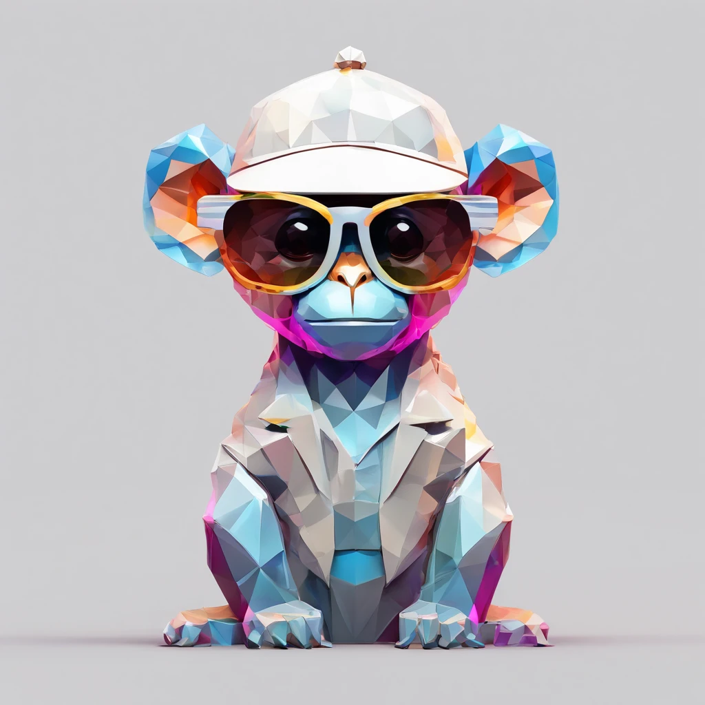Perfect alignment, Cute little monkey in jacket,Crystal Vase,Rose flower, Wearing sunglasses, cheerfulness, Standing position, Abstract beauty, Centered, Looking at the camera, Facing the camera, Approaching perfection, Dynamic, Highly detailed, Smooth, Sharp Focus, 8K, hight resolution, Illustration, art by carne griffiths and wadim kashin, White background、Colorful Sunglasses、Wearing a baseball cap