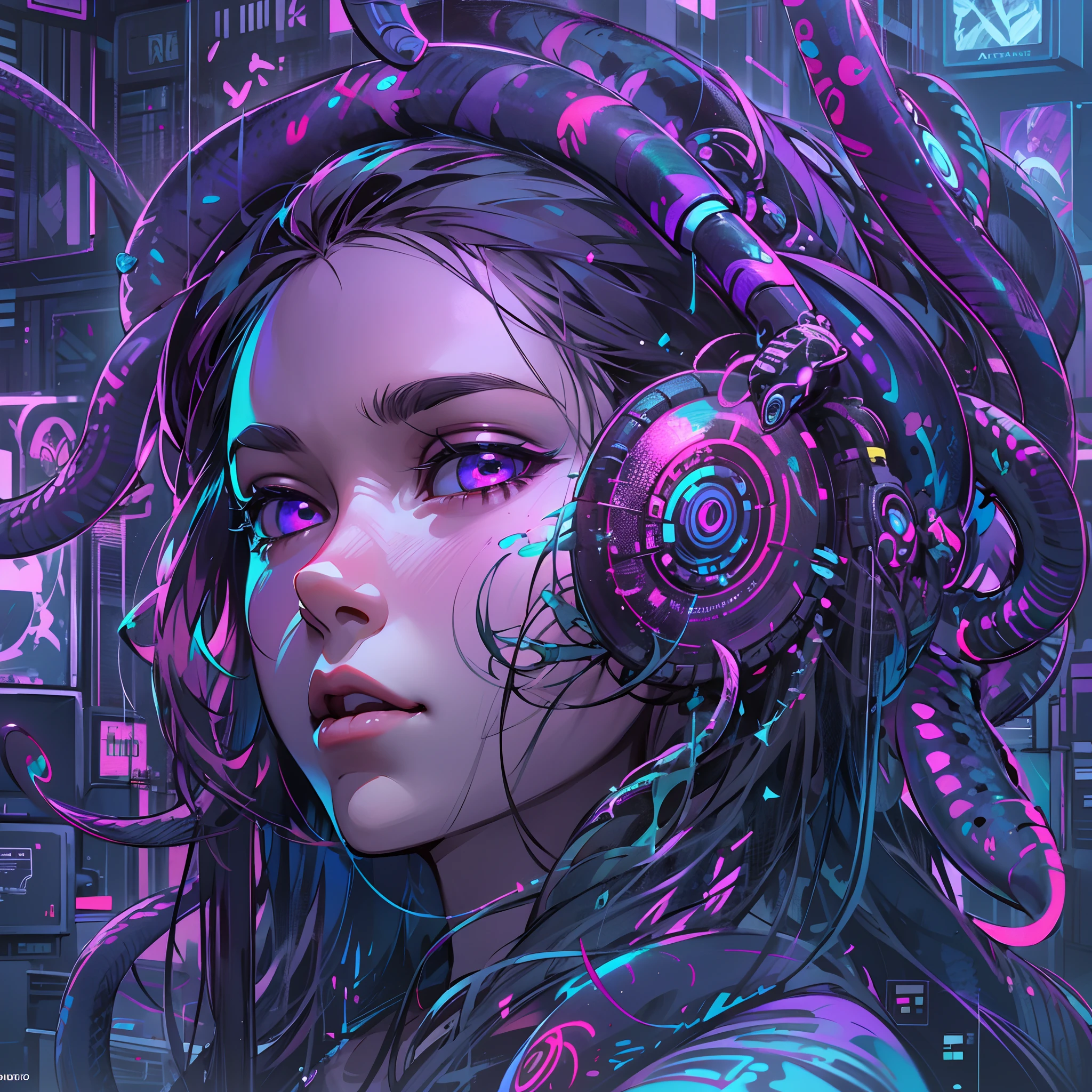 (absurdo, altas, Ultra detallado), 1girl, solo, Ojos extremadamente detallados, (arte oficial, beautiful and aesthetic:1.2), (Arte fractal:1.3), Colorante, More Detailed, Technology cyberpunk snakes purple blue neon around, escuchando musica, auriculares, cuerpo entero, de pie,