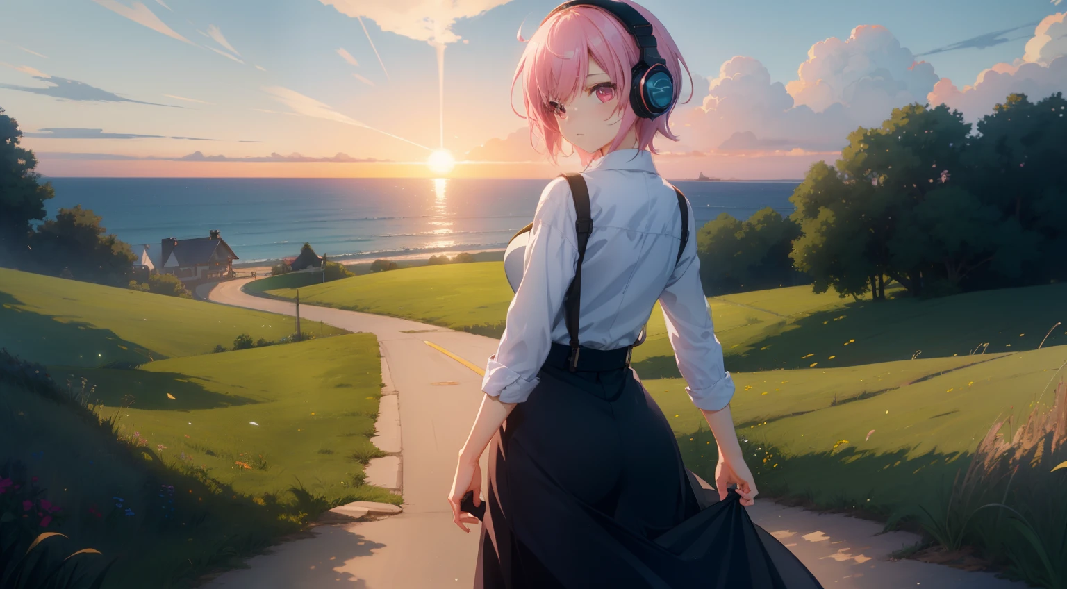 Large grasslands、landscapes、Movie stills、Sea、Sunset in the city(Spark:0.7)、Scenery like Makoto Shinkai、pink shorth hair、Pink eyes、headphones、kawaii、Hair is short、short-cut、eyes large