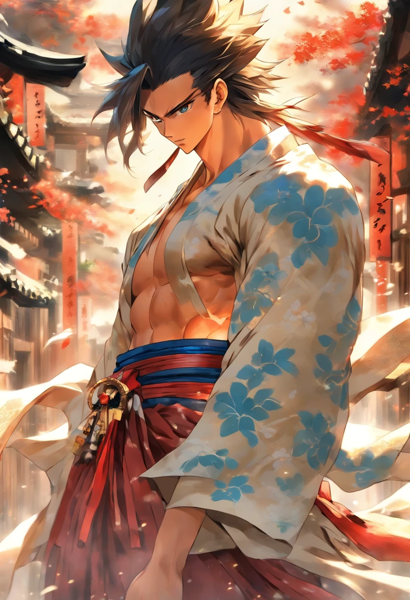 NSFW、One muscular boy、abdominals、pectoral muscles、One handsome boy、traditional Japanese costume、Style、Traditional buildings and views of the Japan、the wind、Traditional costumes、A sexy、Personal、Stylish、opulent、White and blue costume