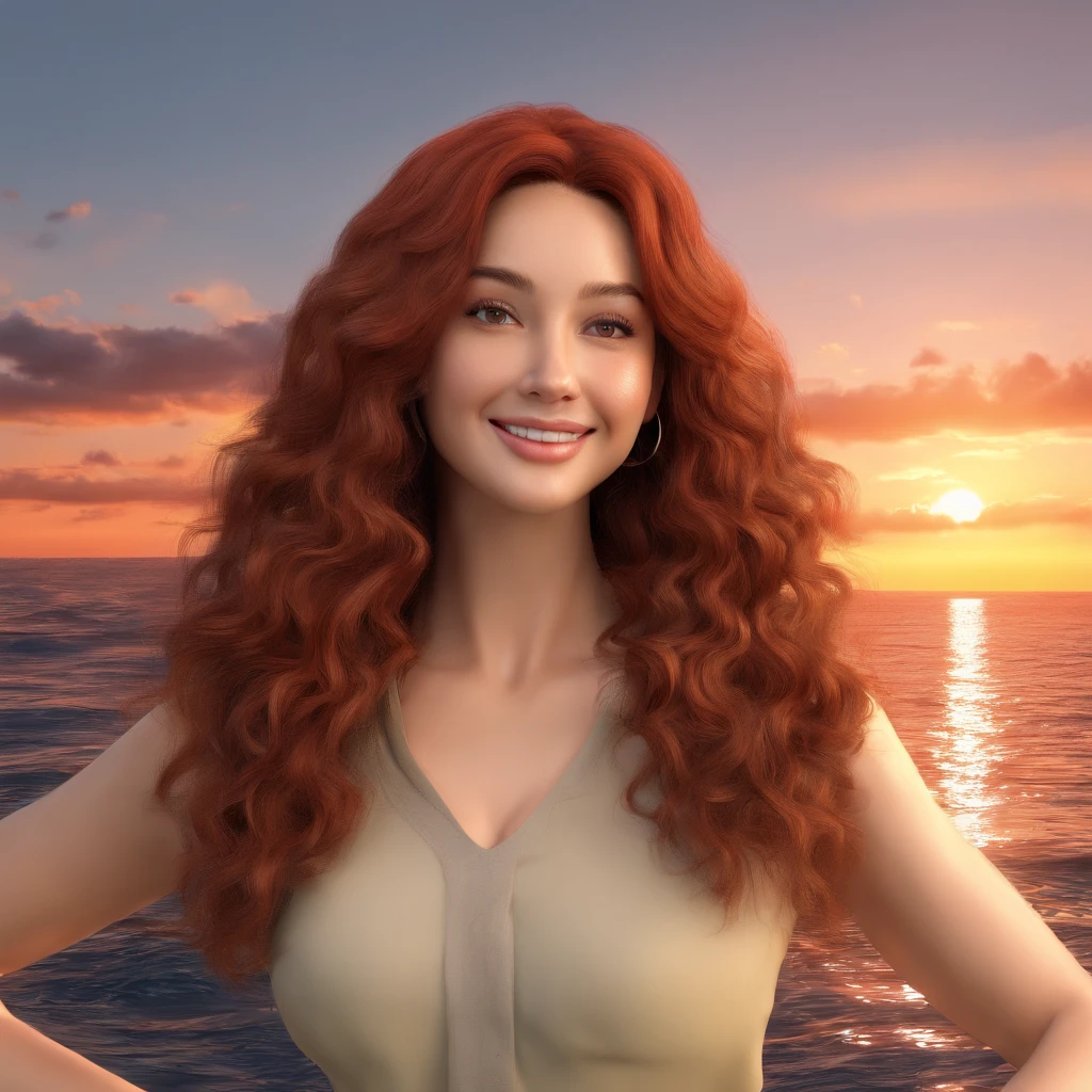 1 adult woman, long hair, curly hair, red hair, detailed skin, brown eyes, smiling, Occasional, sexy clothes, with background in a sunset on the sea, super realistic 16k, super detailed and realist
