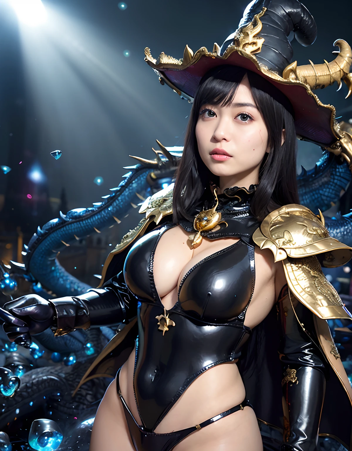 ((World of Darkness)),Professional , masterpiece、top-quality、photos realistic , depth of fields 、(((With a magic wand of gems))),(Dragon Black Metal Body:1.9),(latex black-blue、(cleavage of the breast)(Fight dragons)、、(((Particles of light))),(Micro Bikini Armor:1.7),Gorgeous gold weapons ,(Fight dragons)、Seductive look、The face of the dragon is out、(blood splattere、Armpit、((((With a magic wand))), ) , (((Wearing a black latex wizard hat))),(demonic wings) ,((a blond))、(Castle background)、((Gangle's forest background))、Beautiful Caucasian beauty、1a person、Armpit、dynamic ungle,(((Detailed and ornate dragon wizard hat)))、Smaller head、A smile、Castle background、Thin and beautiful female hands、cleavage of the breast、Soldier in iron armor on background、Mystical expression、Light Effects、intense fighting、Wind-effect、magic circles、With the legendary magic wand、Dragon's tail、explosions、Toostock、Toostock、(Beautuful Women),