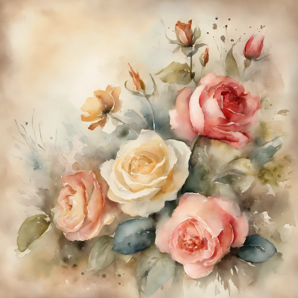 "Cartas de amor vintage em papel envelhecido, adornado com delicadas flores vintage, immersed in the soft strokes of a watercolor painting, capturing the essence of vintage style against a clean, serene background."