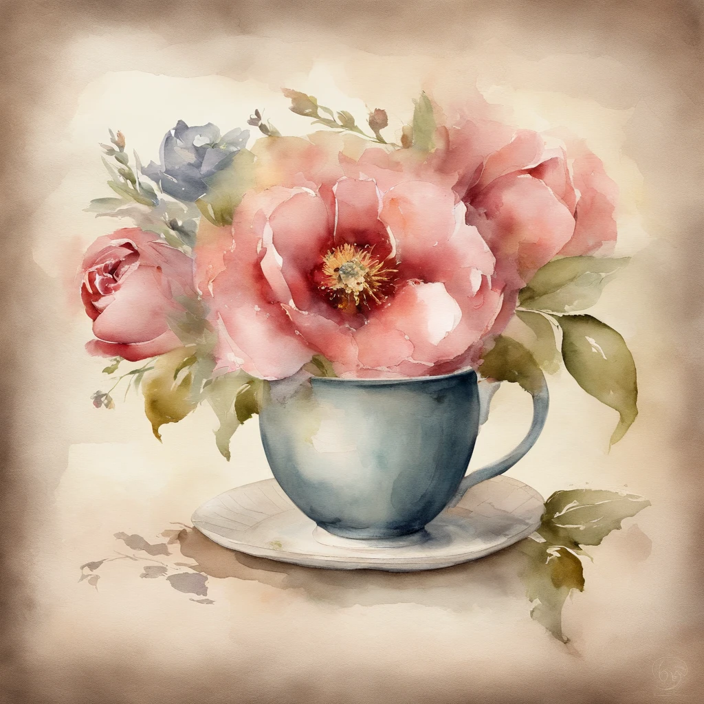 "Cartas de amor vintage em papel envelhecido, adornado com delicadas flores vintage, immersed in the soft strokes of a watercolor painting, capturing the essence of vintage style against a clean, serene background."