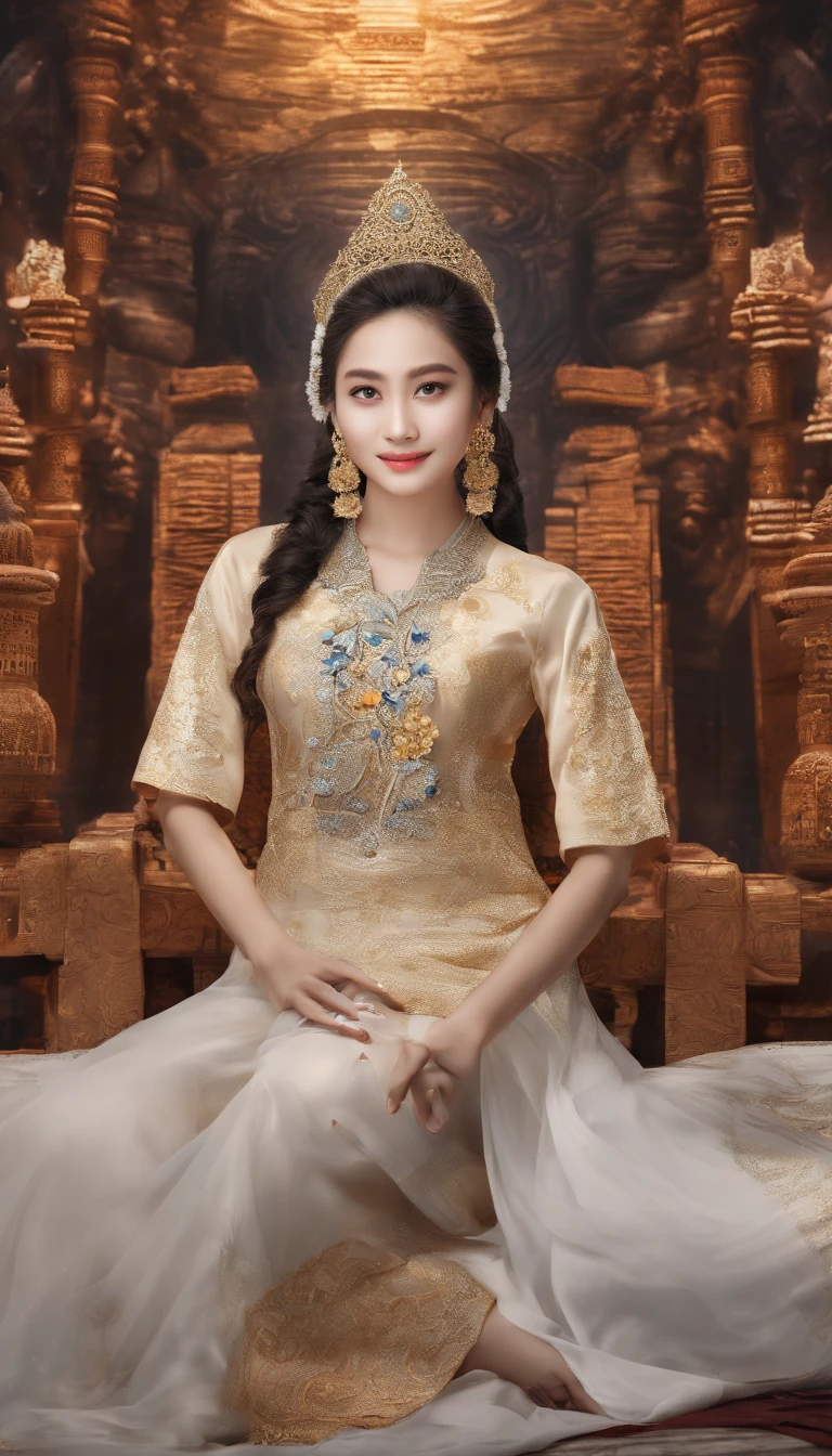 Ultra detailed hd 8k, (realistic photo:1.2), (masterpiece: 1.2),myth,argent,kebaya,Scroll,batik,sleeveless, treasure,universe, face the camera, smile, 19 year old girl, cute girl, beautiful girl, indonesian model, white healthy skin, delicate eyes, tied-up hair, ethnic earrings, full body photo, (sexy body:1.2), (slim waist:1.2), rim light,product photo shot, holding a small beauty serum