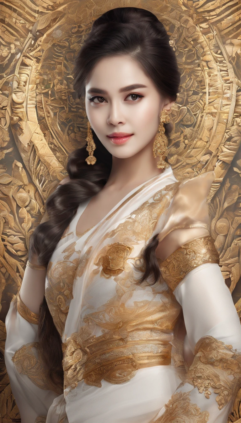 Ultra detailed hd 8k, (realistic photo:1.2), (masterpiece: 1.2),myth,argent,kebaya,Scroll,batik,sleeveless, treasure,universe, face the camera, smile, 19 year old girl, cute girl, beautiful girl, indonesian model, white healthy skin, delicate eyes, tied-up hair, ethnic earrings, full body photo, (sexy body:1.2), (slim waist:1.2), rim light,product photo shot, holding a small beauty serum