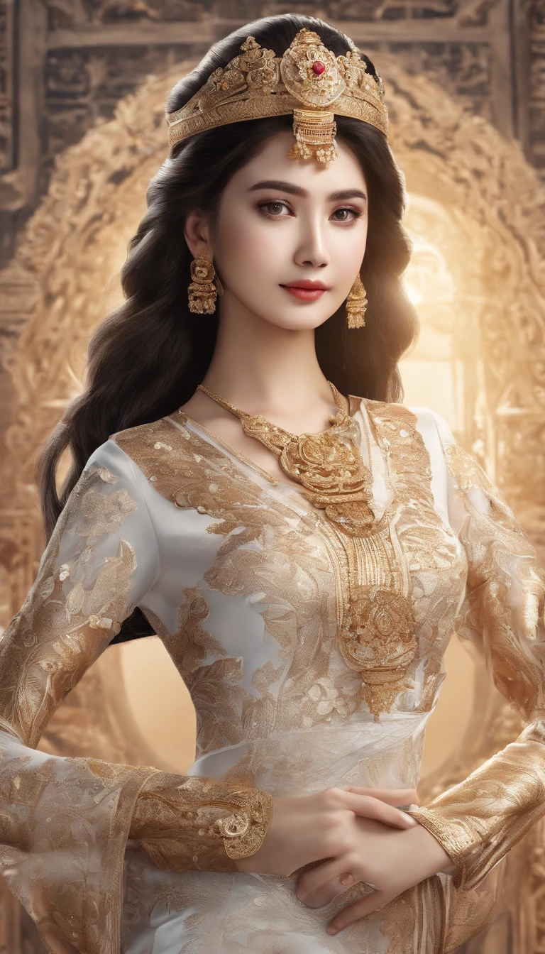 Ultra detailed hd 8k, (realistic photo:1.2), (masterpiece: 1.2),myth,argent,kebaya,Scroll,batik,sleeveless, treasure,universe, face the camera, smile, 19 year old girl, cute girl, beautiful girl, indonesian model, white healthy skin, delicate eyes, tied-up hair, ethnic earrings, full body photo, (sexy body:1.2), (slim waist:1.2), rim light,product photo shot, holding a small beauty serum