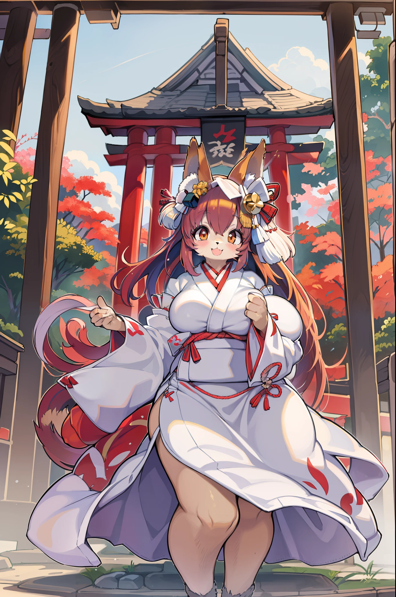 Fox Woman、body covered with fur、huge-breasted、kawaii、shrine maiden、Japan white clothes,Red Hakama、torii gate,summer day、From the top、Wide Shot、Very Wide Shot、A big smile、bbw、thick thight、big butts、Ultramammy、In front of Tamamo