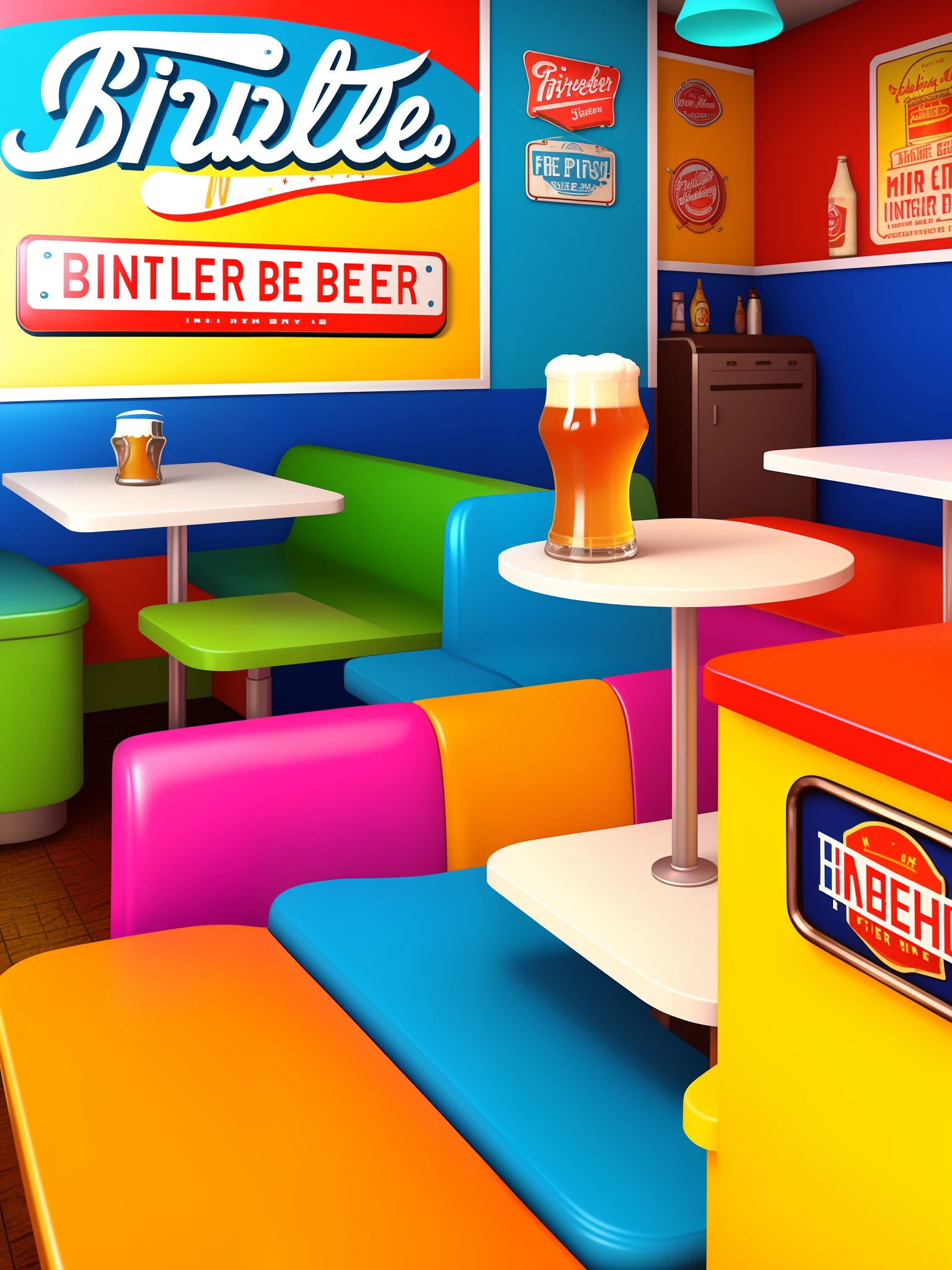 3D render:1.5, A Beer in a colorful desk, at side fries and a hamburger, on the background a lot of vintage posters and car plates, the ambient is a fancy 50s diner in Maryland