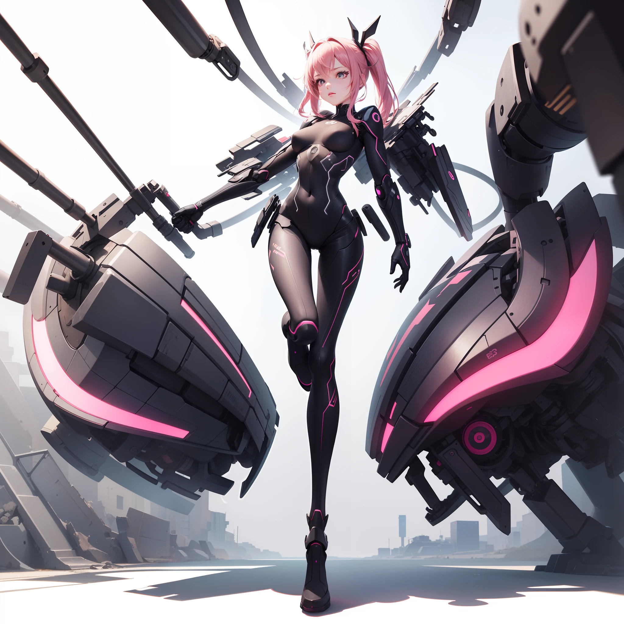 empathetic, artificial, connection, digital, understanding, emotional, machine, human, simulated, response, best quality, masterpiece, CG, 2D, game character, ((full body, white background, solid background)), dynamic angle, dynamic pose, 1 girl,  6, black and pink