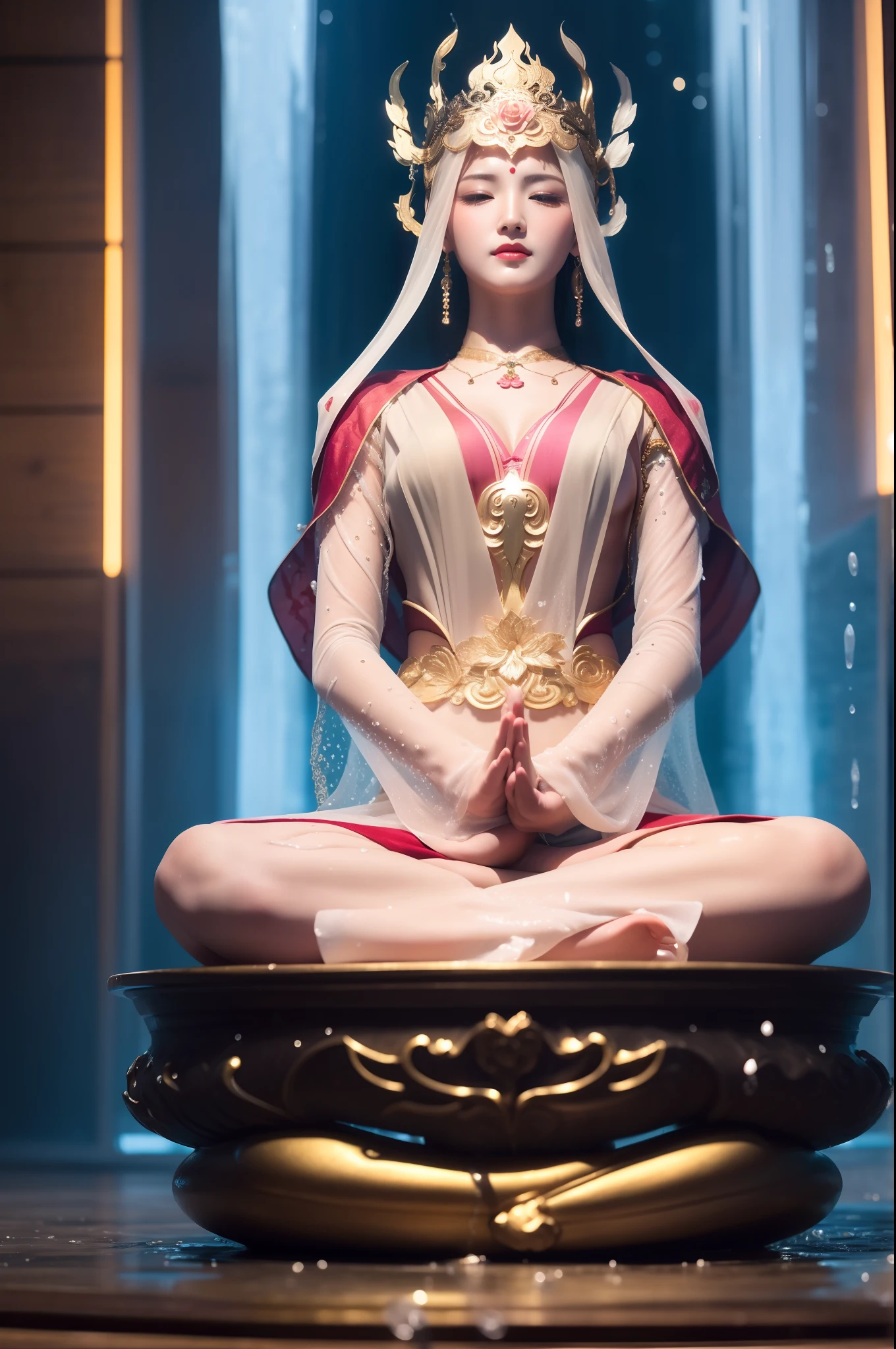 Sexy Guanyin sits on a lotus pedestal and meditates，（Do the yoga lotus sitting pose），（Delicate and good-looking face），（Get wet all over your body），（Get wet all over your body ）