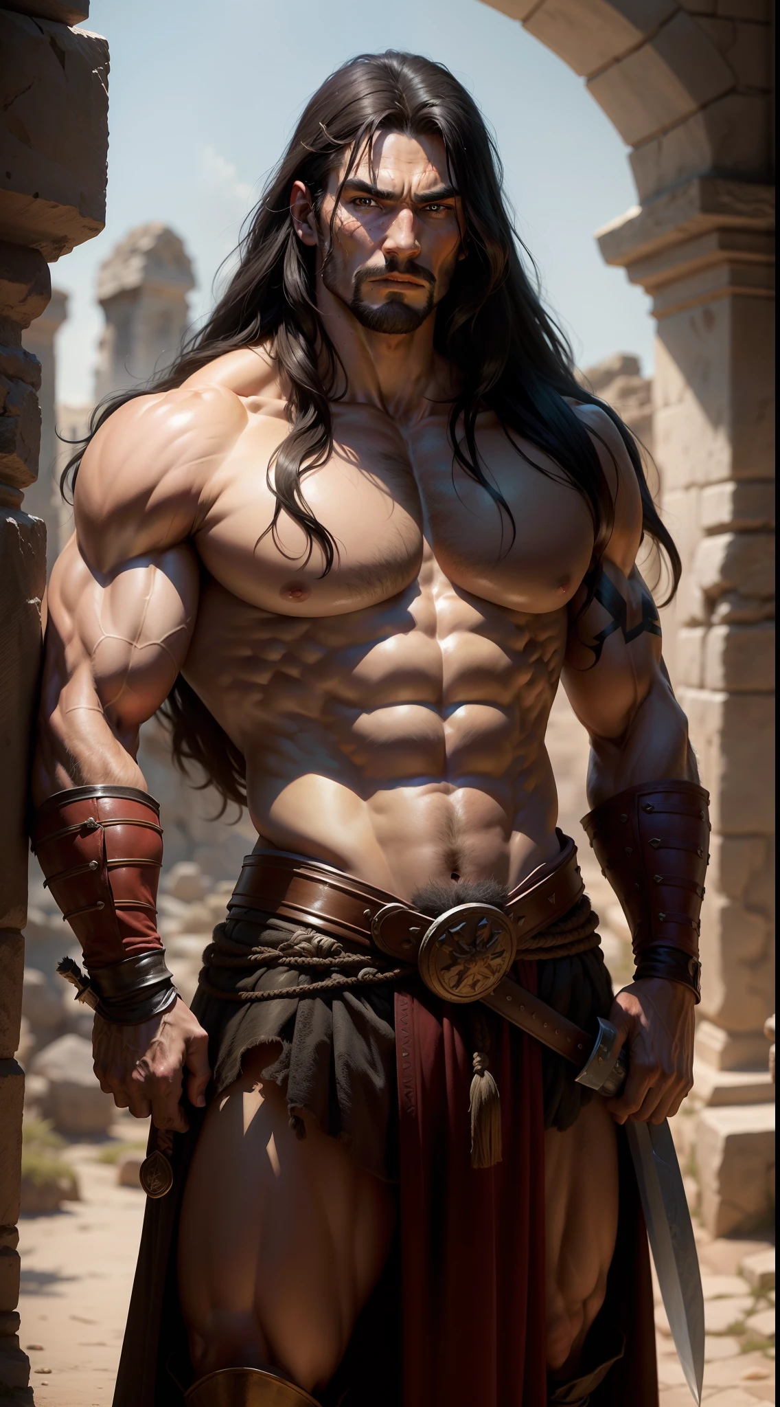 Conan the barbarian, handsome, long nose, rugged looks, long black hair, robust, sinewy muscles, shirtless, a shoulder belt, standing in an ancient fortress, a very large sword in hand, grim expressions, photorealistic, high resolution, upper body view