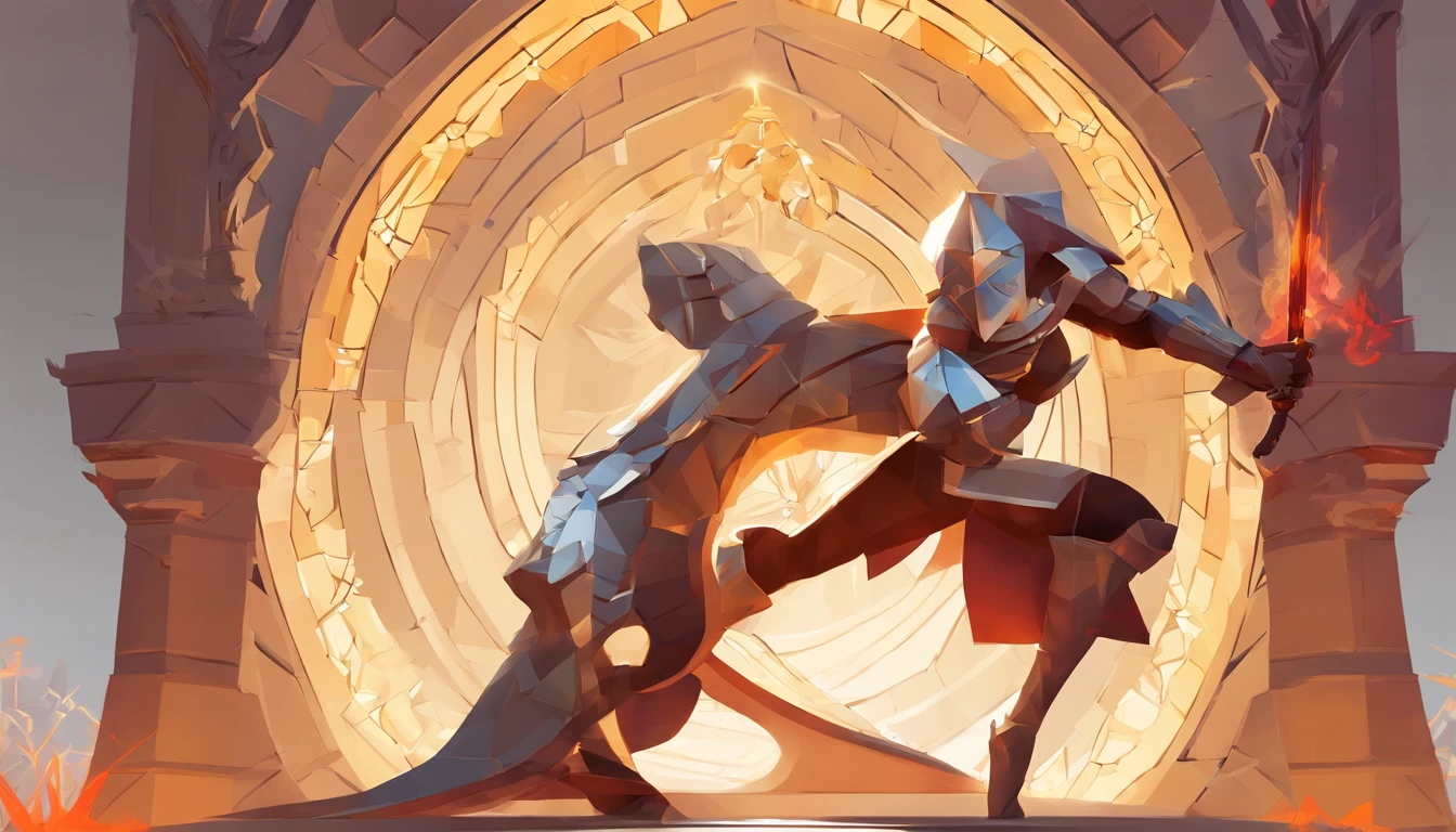 An armored paladin woman kneeling on one knee holding a flaming sword, abstract beauty, Centered, Looking at the camera, Facing the camera, nearing perfection, Dynamic, Highly detailed, smooth, Sharp focus, 8K, high definition resolution, illustration, adobe illustrator, flat, (style of Alphonse Mucha), Art by Ramil Sunga, Casper Konefal, Nick Thornborrow, and Matt Rhodes