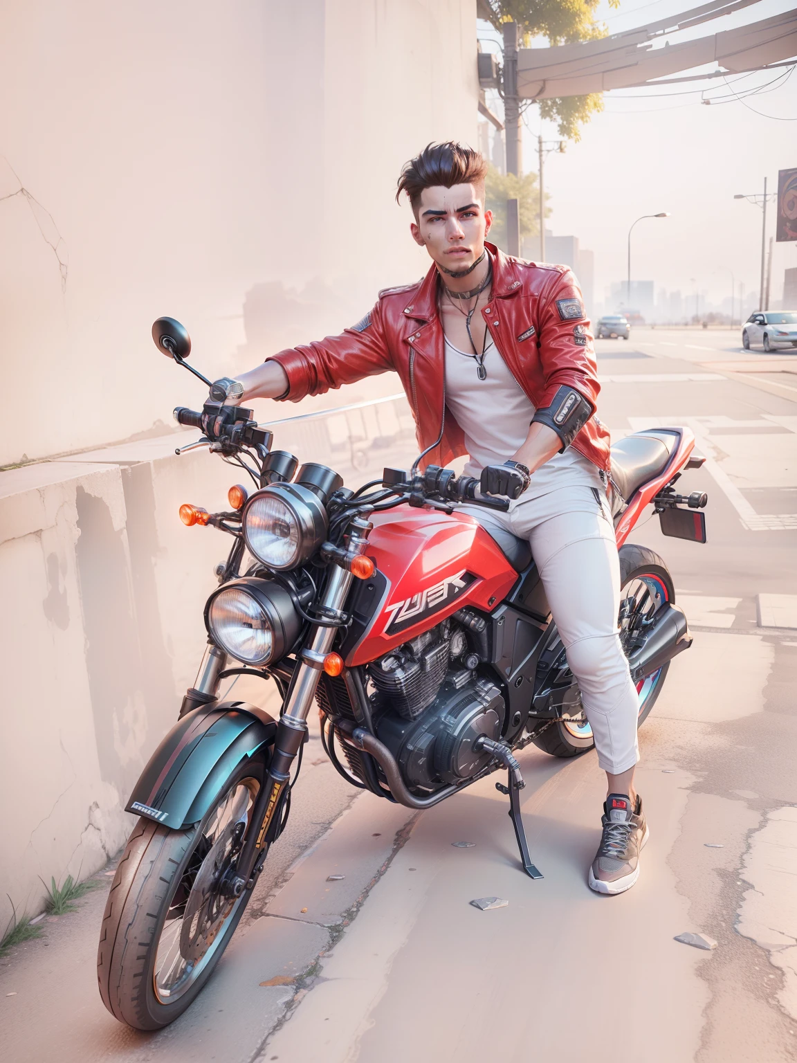 Change Background, cyberpunk, handsome boy, bike, realistic face, 8k, ultra realistic, 3D