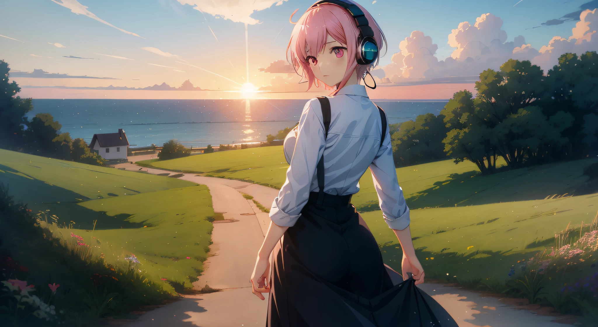 Large grasslands、landscapes、Movie stills、Sea、Sunset in the city(Spark:0.7)、Scenery like Makoto Shinkai、pink shorth hair、Pink eyes、headphones、kawaii、Hair is short、short-cut、eyes large、breasts are small