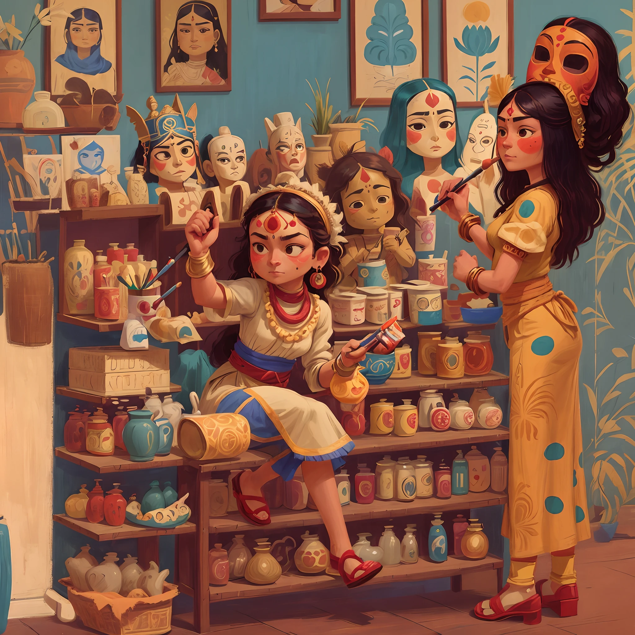 painting of a woman holding a mask and a mask in her hand, inspired by Gustave Boulanger, inspired by I Ketut Soki, art in the style of paula rego, inspired by Vladimir Tretchikoff, portrait of modern darna, inspired by Léon Bakst, inspired by Bhupen Khakhar, inspired by Giovanni Battista Tiepolo