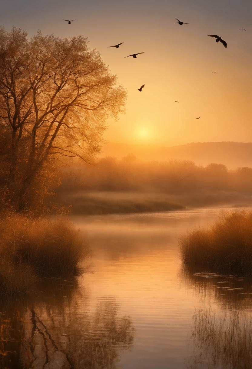 Peaceful scenery at dawn, Soft gold tones depict the horizon where birds sing, Image in 2560 x 1440 pixel format