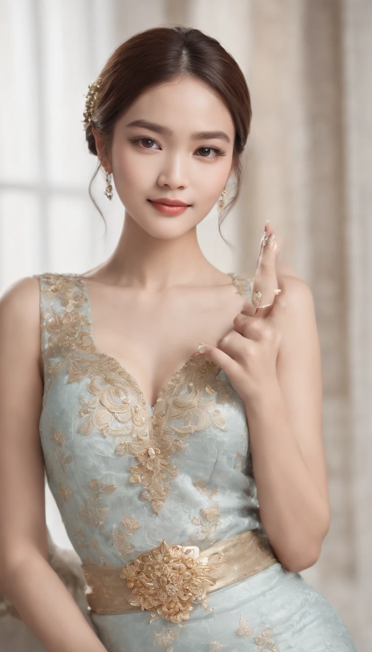 myth,argent,kebaya,Scroll,batik,sleeveless, treasure,universe, face the camera, smile, 19 year old girl, cute girl, beautiful girl, indonesian model, white healthy skin, delicate eyes, tied-up hair, ethnic earrings, gold tiara, full body photo, realistic hands, realistic fingers, detailed hands, detailed fingers, (sexy body:1.2), (slim waist:1.2), product photo shot, holding a tiny serum bottle