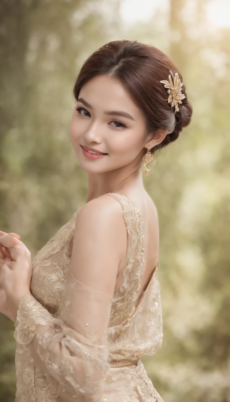 myth,argent,kebaya,Scroll,batik,sleeveless, treasure,universe, face the camera, smile, 19 year old girl, cute girl, beautiful girl, indonesian model, white healthy skin, delicate eyes, tied-up hair, ethnic earrings, gold tiara, full body photo, realistic hands, realistic fingers, detailed hands, detailed fingers, (sexy body:1.2), (slim waist:1.2), product photo shot, holding a tiny serum bottle