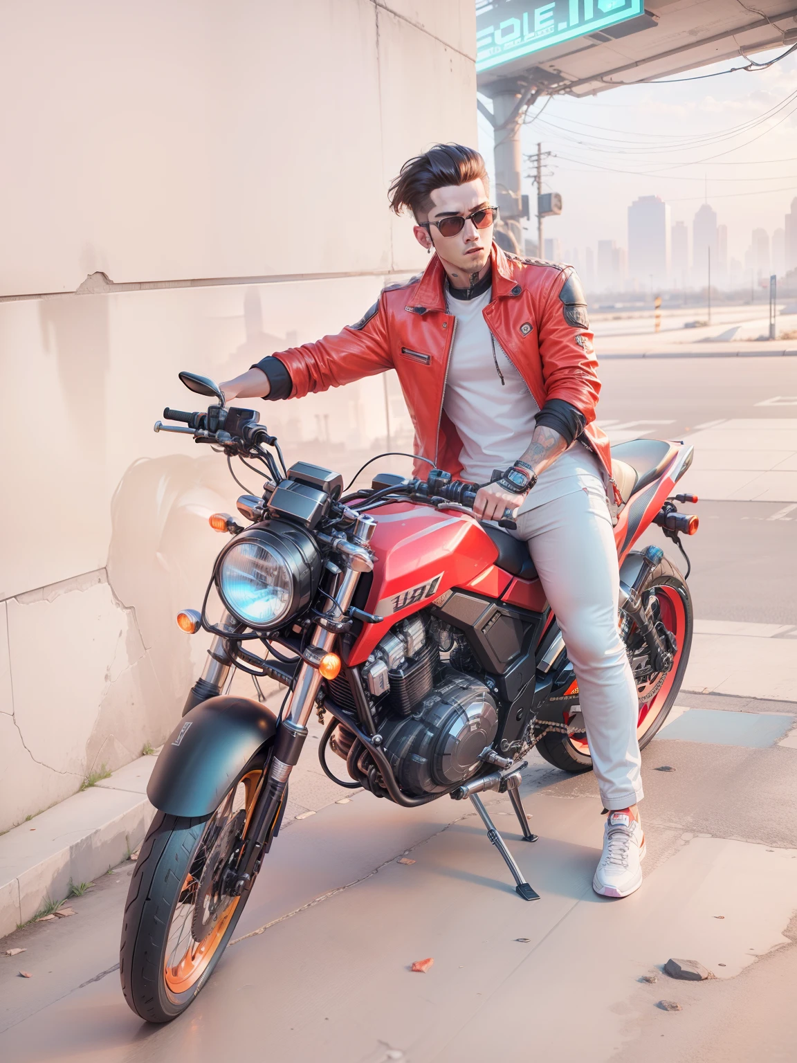 Change Background, cyberpunk, handsome boy, bike, realistic face, 8k, ultra realistic,  3D