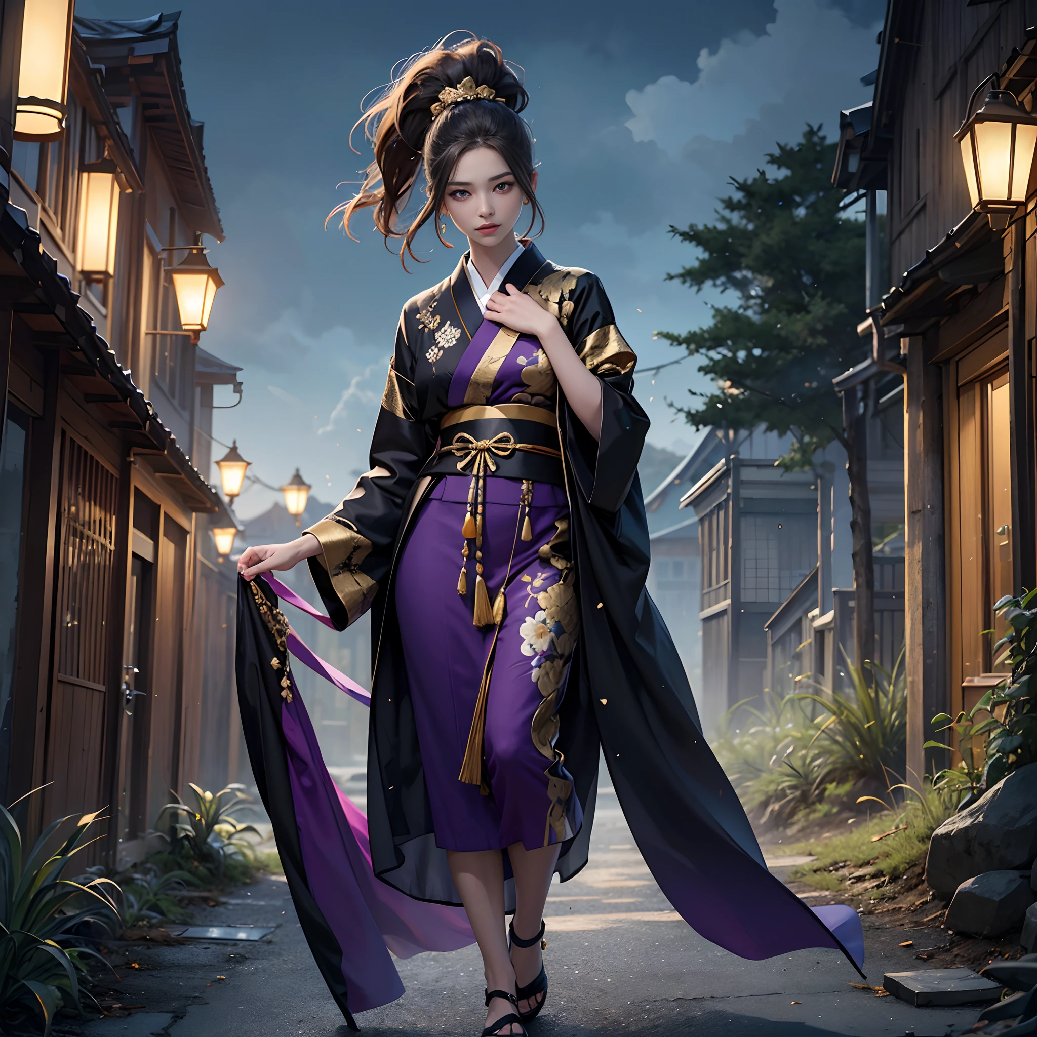 Luxury kimono(Black kimono(Detailed golden embroidery,Purple band))、odd eye、watching at viewers,Background with(plein air:1.2)Blue sky of Kyoto(She walks along a dimly lit path on the riverbank.:1),Ponytail, Shiny hair, Full body, Mismatched pupils, Hyper-Realism, Verism, Realism, depth of fields, Cinematic lighting, Wide Shot, F/16, nffsw, high details, High quality, Textured skin, 8K, Best Quality, hight resolution