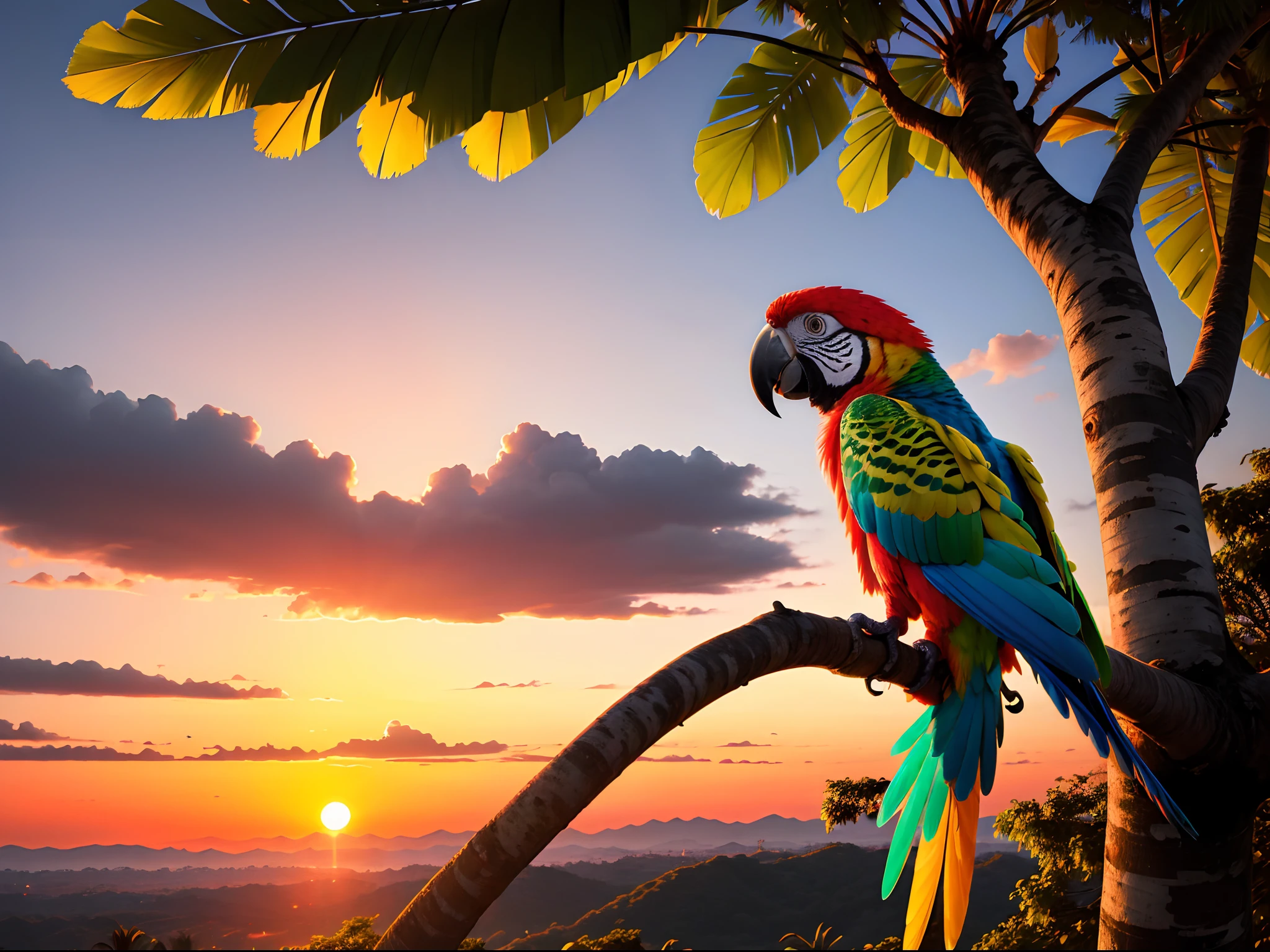 A vibrant parrot perched on a tropical tree with a sunset behind it