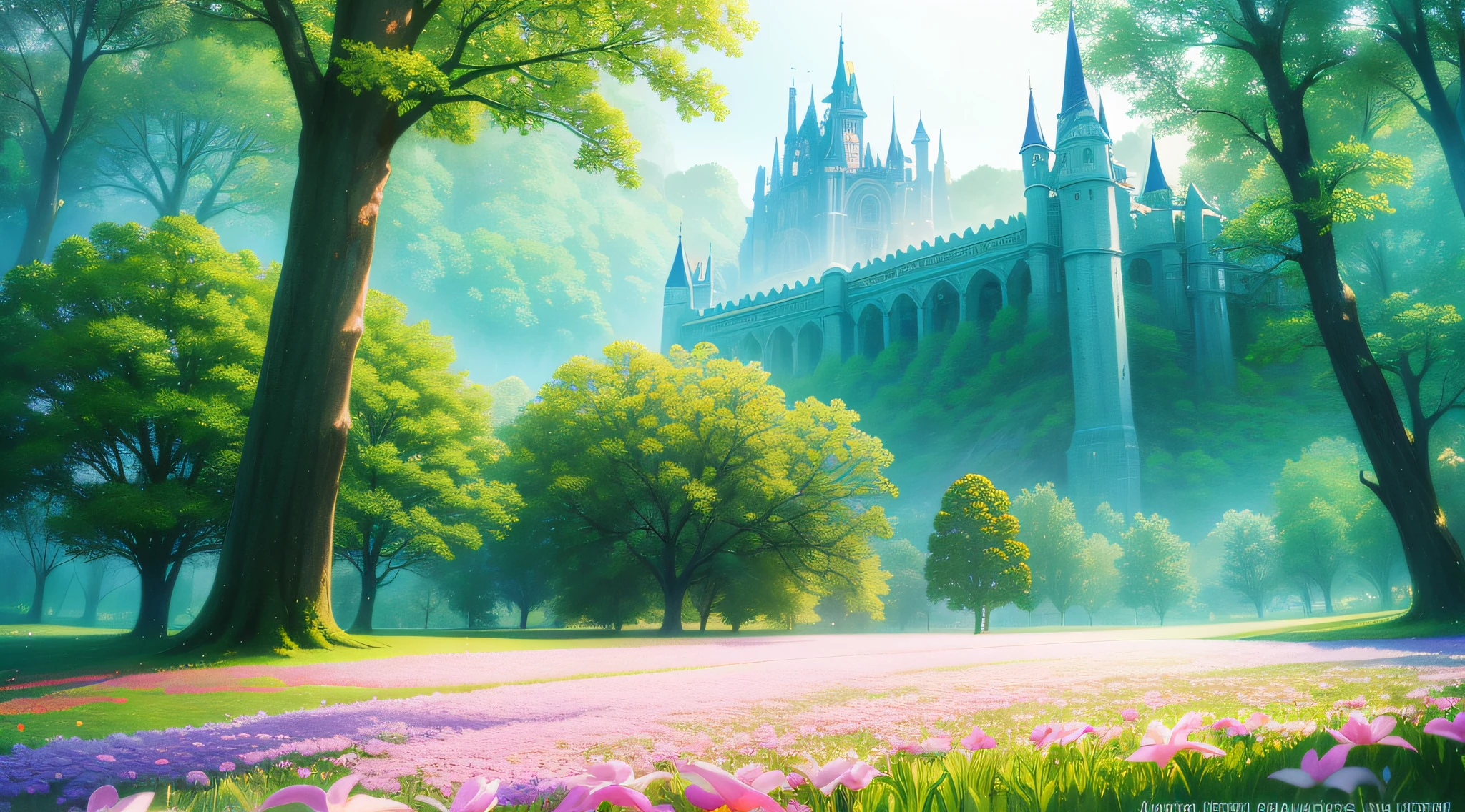 spring landscape, spring flower castle, fantasy art, enchanting realms, john avon, inspiration, fairytale, light green and light violet,masterpiece, real