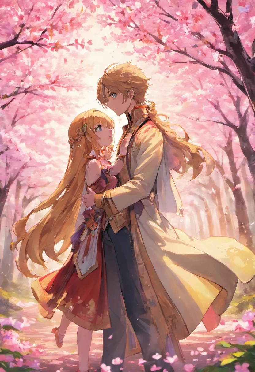 A very strong and handsome anime prince with long flowing bronze hair and blue eyes very handsome prince very tall standing with his princess with long purple beautiful hair beautiful princess blue eyes. Standing under a cherry blossom tree