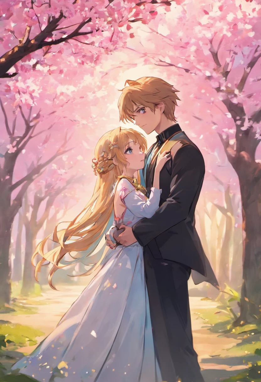 A very strong and handsome anime prince with long flowing bronze hair and blue eyes very handsome prince very tall standing with his princess with long purple beautiful hair beautiful princess blue eyes. Standing under a cherry blossom tree