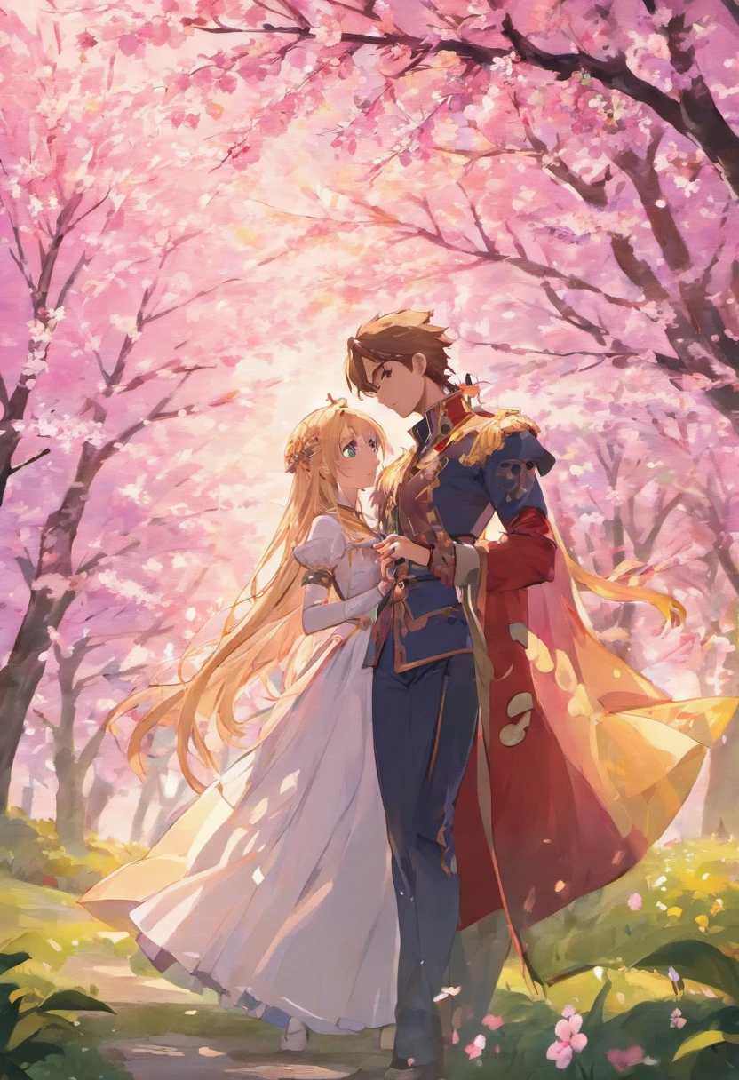 A very strong and handsome anime prince with long flowing bronze hair and blue eyes very handsome prince very tall standing with his princess with long purple beautiful hair beautiful princess blue eyes. Standing under a cherry blossom tree