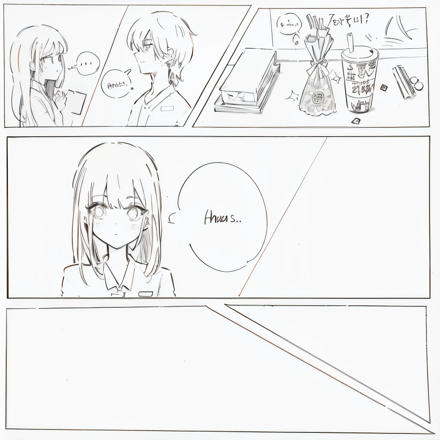 a comic strip with a girl and a boy in a room, manga page, kawaii manga style, manga panels, black and white manga page, in style of manga, in manga style, manga panel, comic page, ddlc, by Naka Bokunen, black and white manga panel, kawaii anime manga style, a manga drawing, clean anime outlines