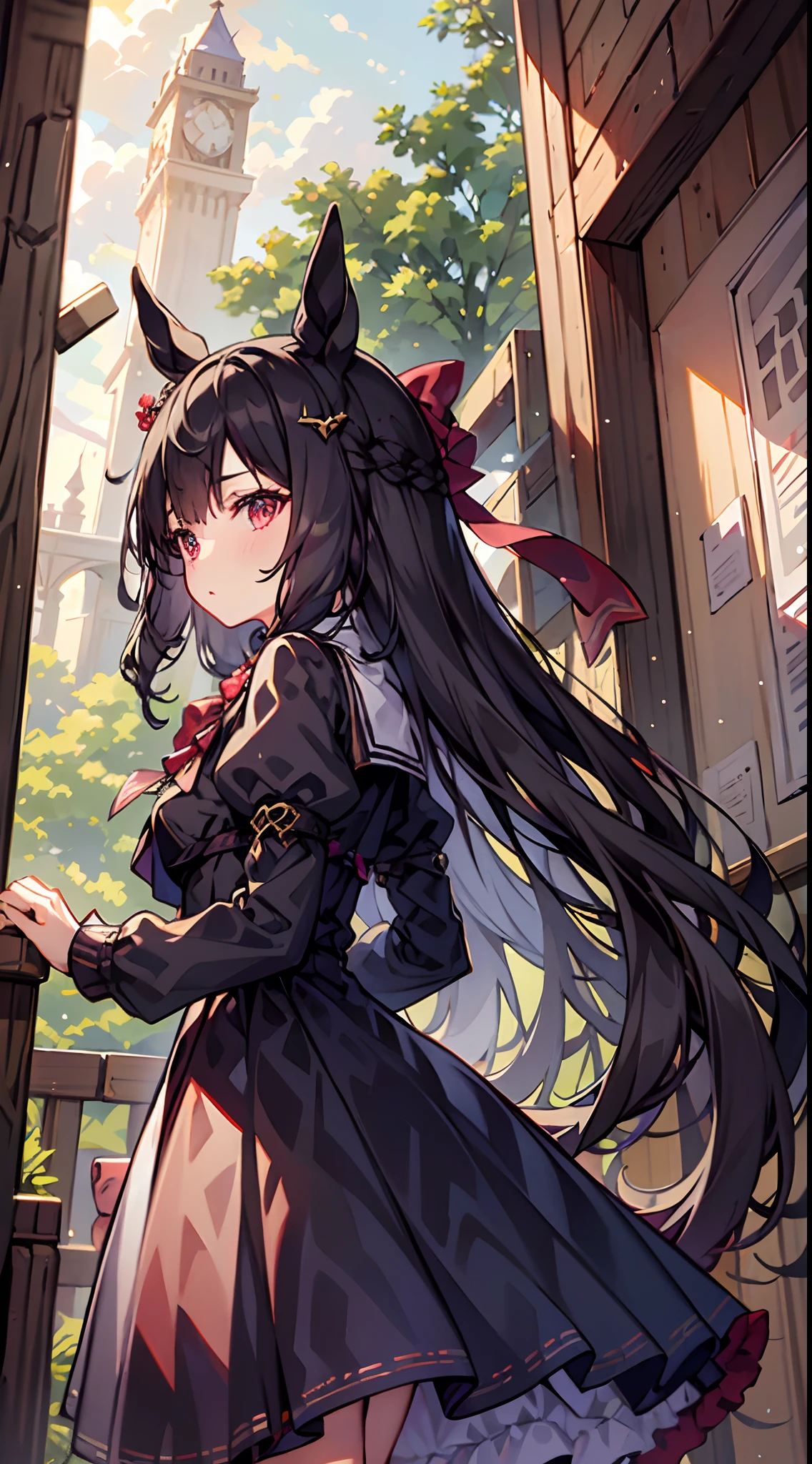 1 girl in、Black hair、long、Red Eyes、Horse-eared girl、black horse tail