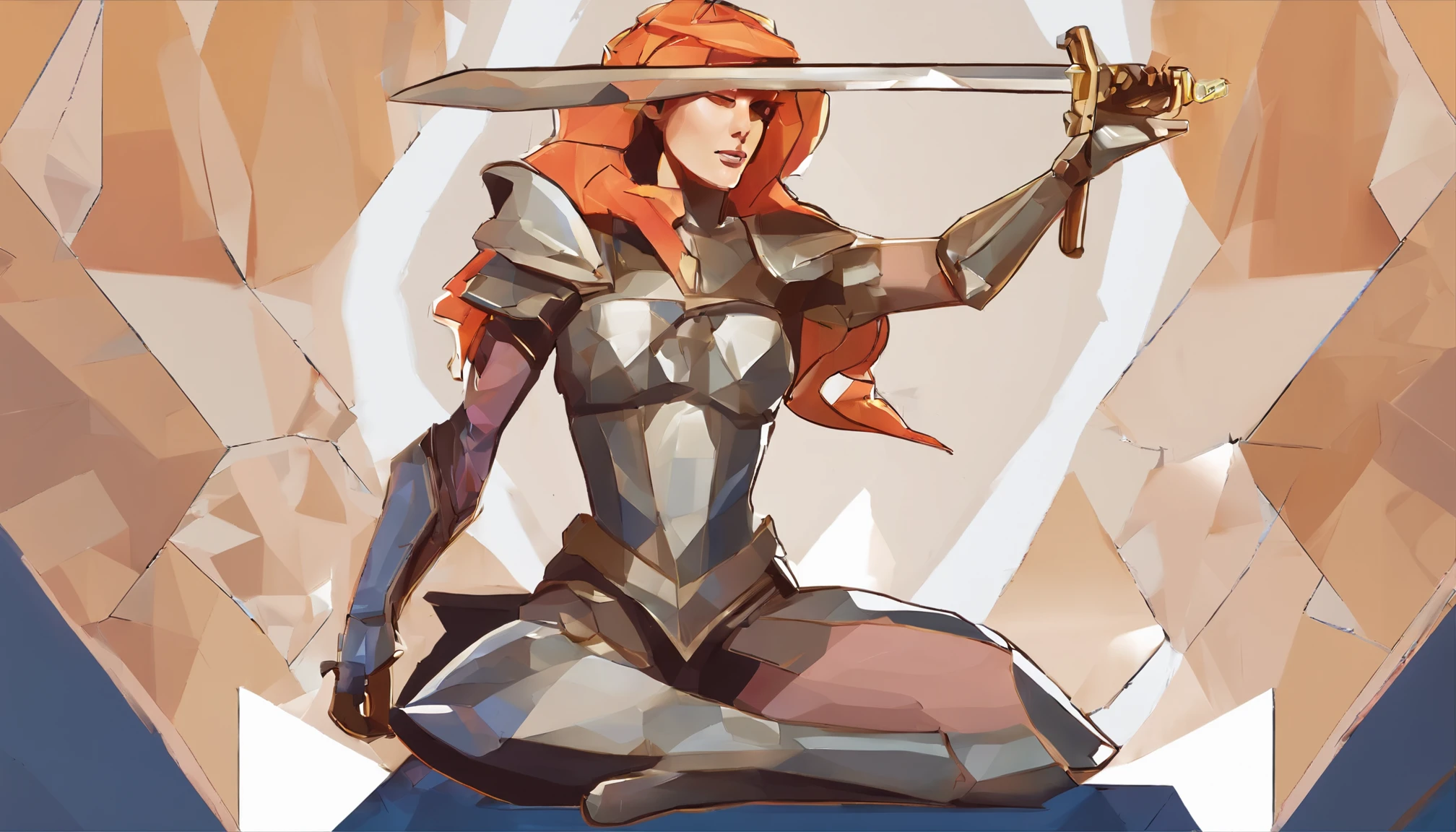 An armored paladin woman kneeling on one knee holding a flaming sword, abstract beauty, Centered, Looking at the camera, Facing the camera, nearing perfection, Dynamic, Highly detailed, smooth, Sharp focus, 8K, high definition resolution, illustration, adobe illustrator, flat, (style of Alphonse Mucha), Art by Ramil Sunga, Casper Konefal, Nick Thornborrow, and Matt Rhodes