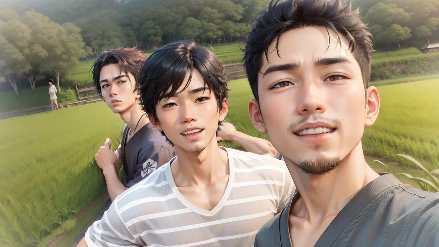 Three boys in a paddy field.. In a raw.. Japan 2d anime. Cute