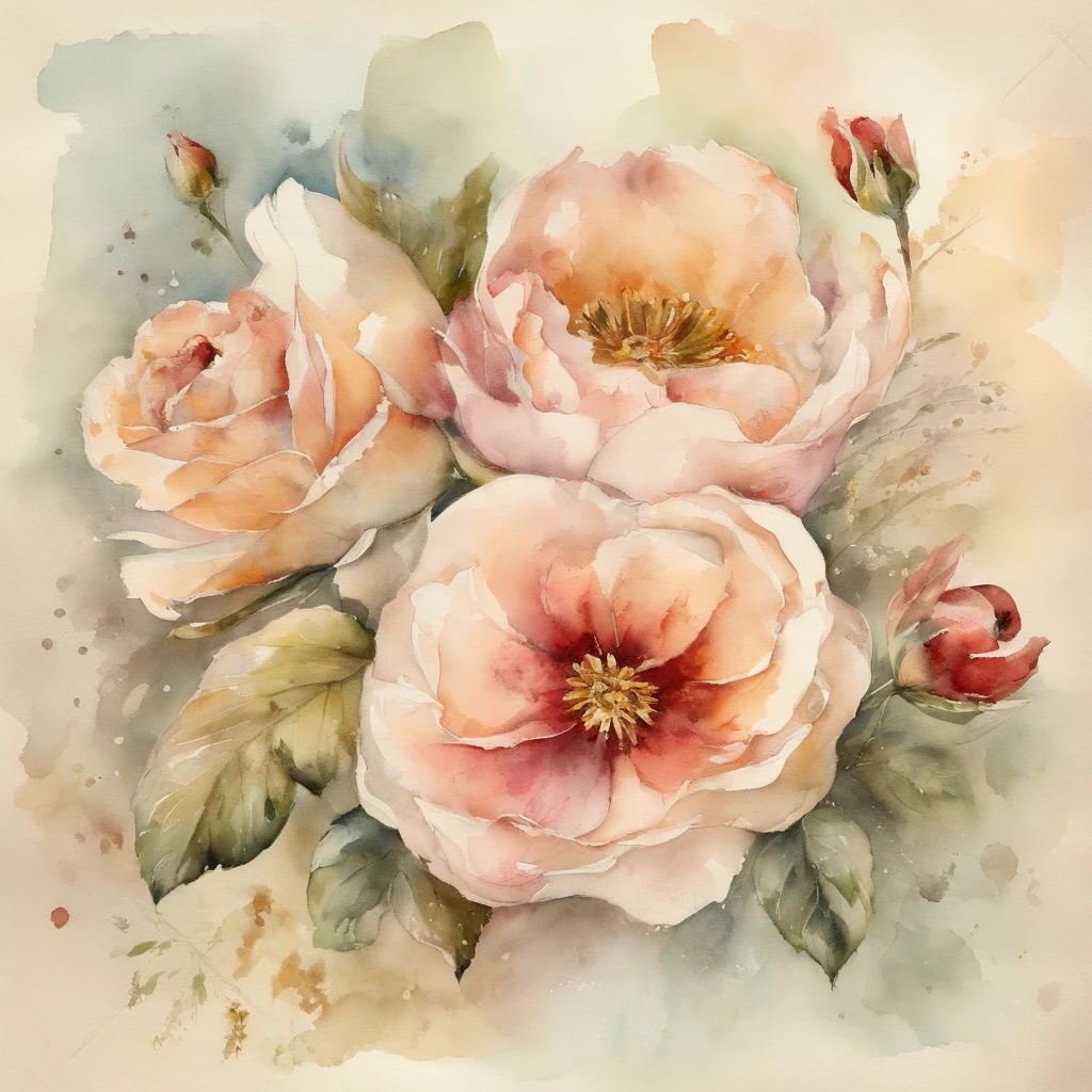 "Cartas de amor vintage em papel envelhecido, adornado com delicadas flores vintage, immersed in the soft strokes of a watercolor painting, Capturing the essence of vintage style against a clean, fundo sereno."