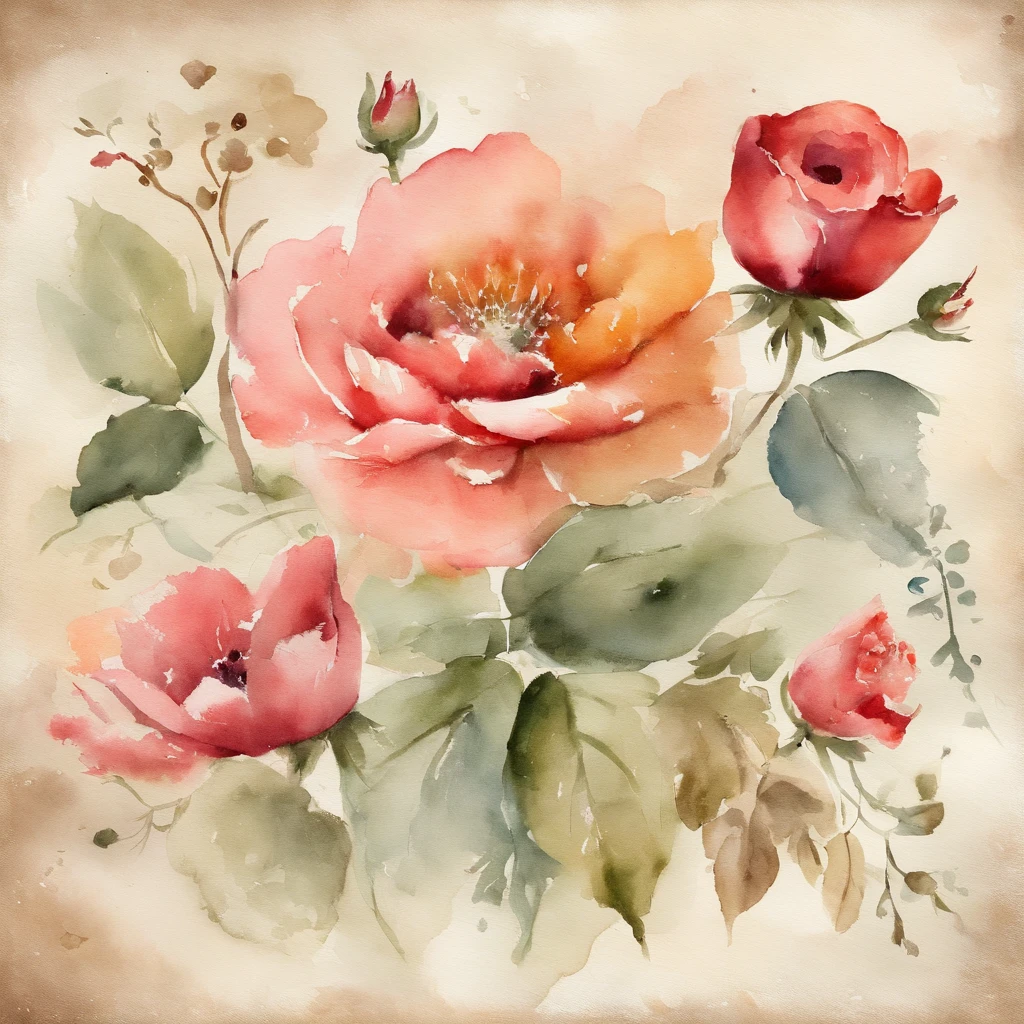 "Cartas de amor vintage em papel envelhecido, adornado com delicadas flores vintage, immersed in the soft strokes of a watercolor painting, Capturing the essence of vintage style against a clean, fundo sereno."