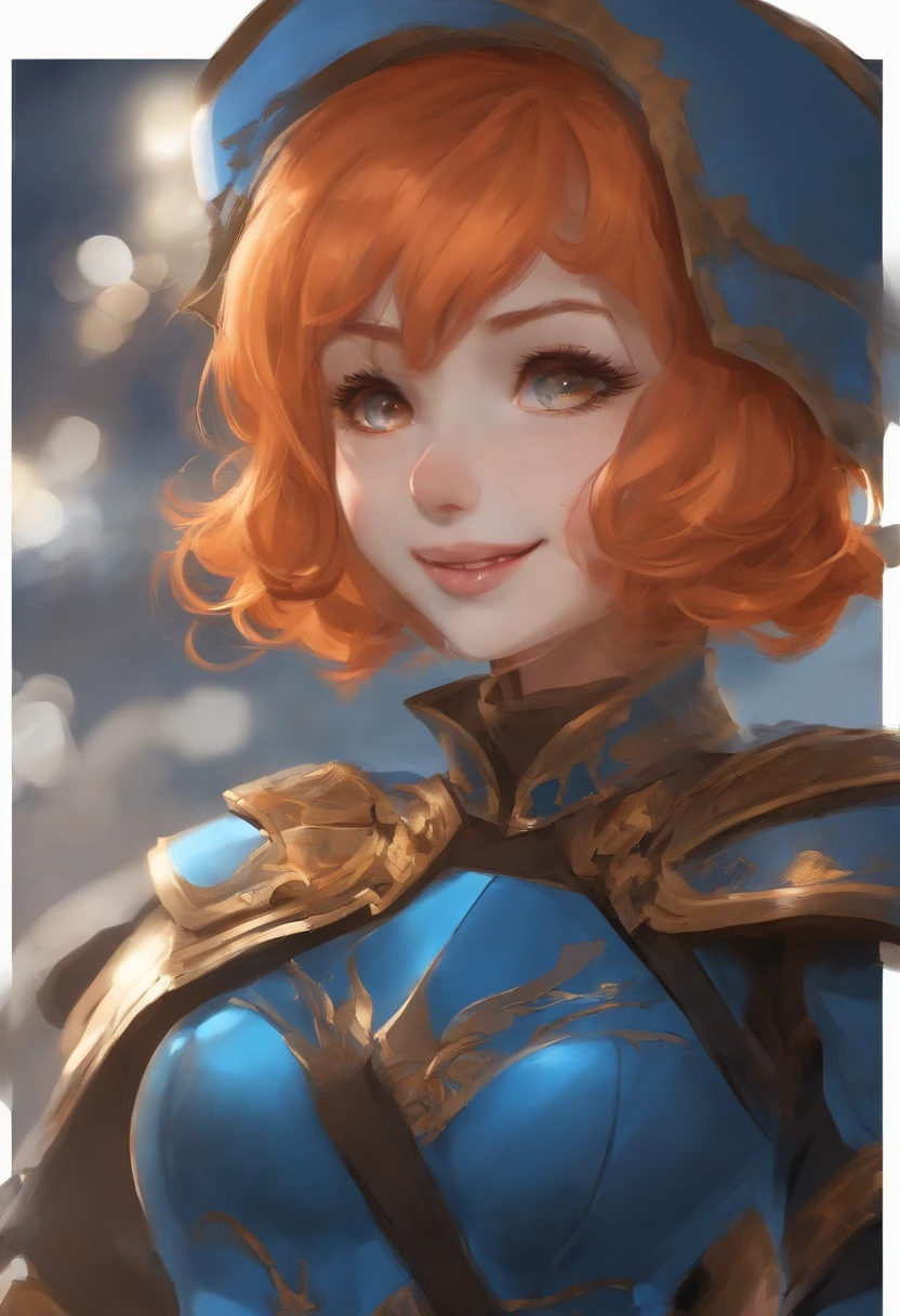 masutepiece, Best Quality, Gwendolyn_Tennyson, short orange hair, side swept bangs, blue hairclip, Laughing, Blue Body Armor