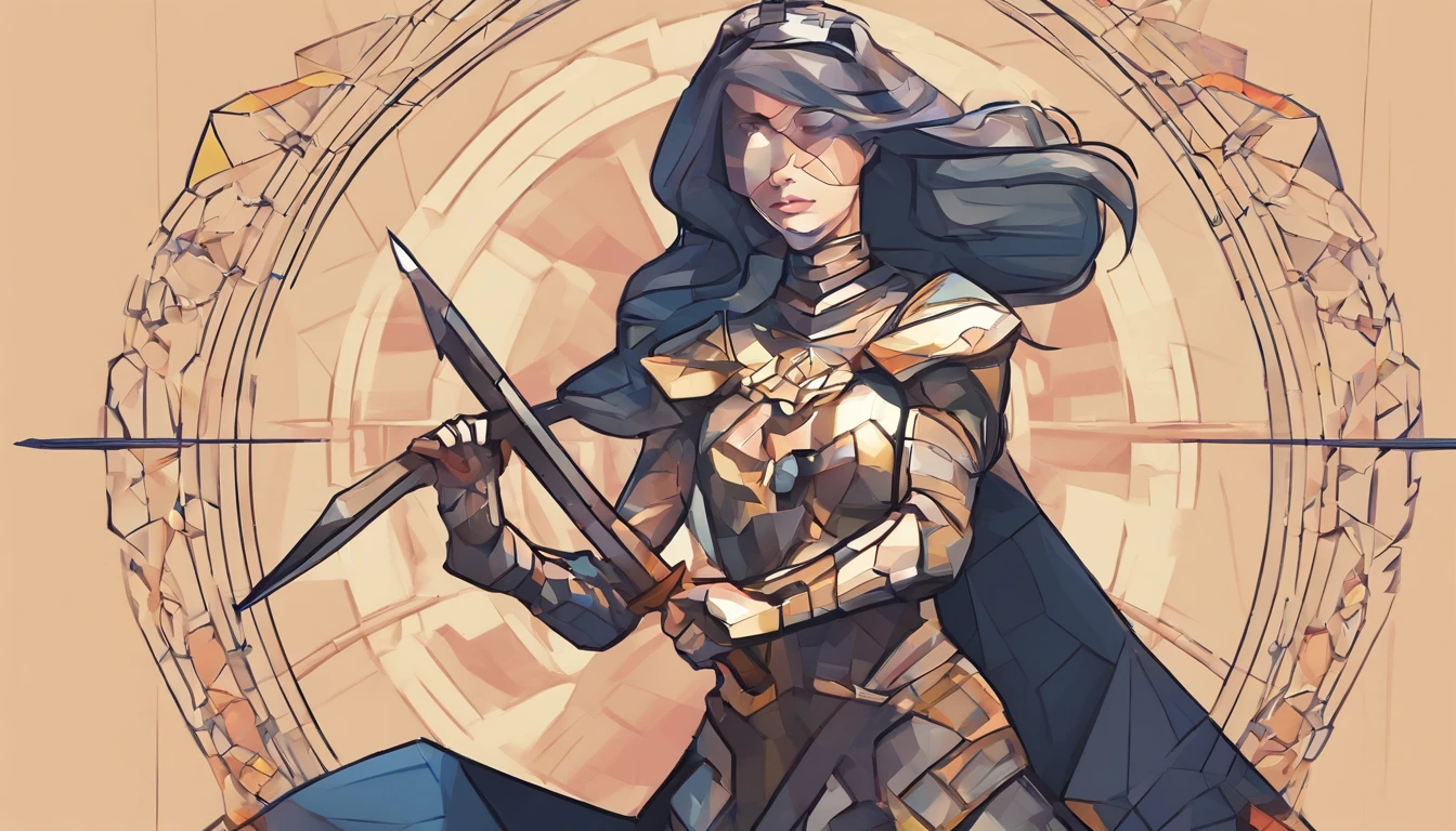 An armored paladin woman kneeling on one knee holding a flaming sword, abstract beauty, Centered, Looking at the camera, Facing the camera, nearing perfection, Dynamic, Highly detailed, smooth, Sharp focus, 8K, high definition resolution, illustration, adobe illustrator, flat, Art by Alphonse Mucha