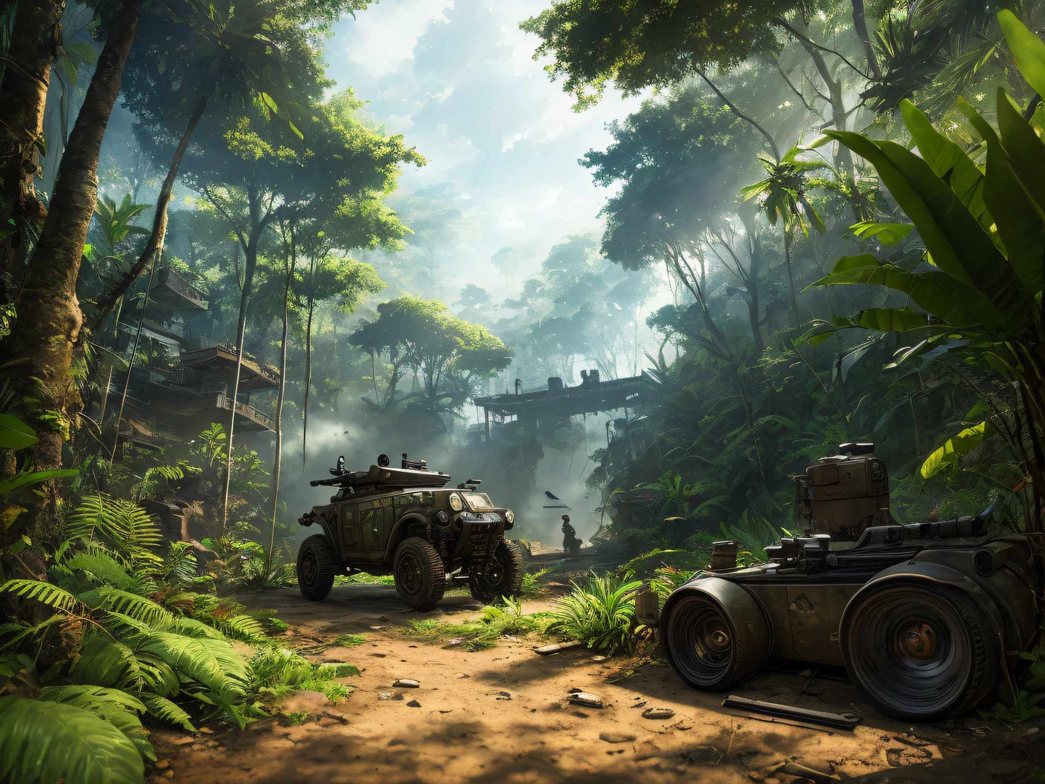 |a first person shooter| set in the jungle with |lots of videogame action|, |steampunk ships|, morning lighting, wide angle, anime style rendering, 8k uhd, studio quality, ultra realistic, max detail, massive scale, post-processing, realistic, photorealism, photoshop, photography, raytracing, octane render