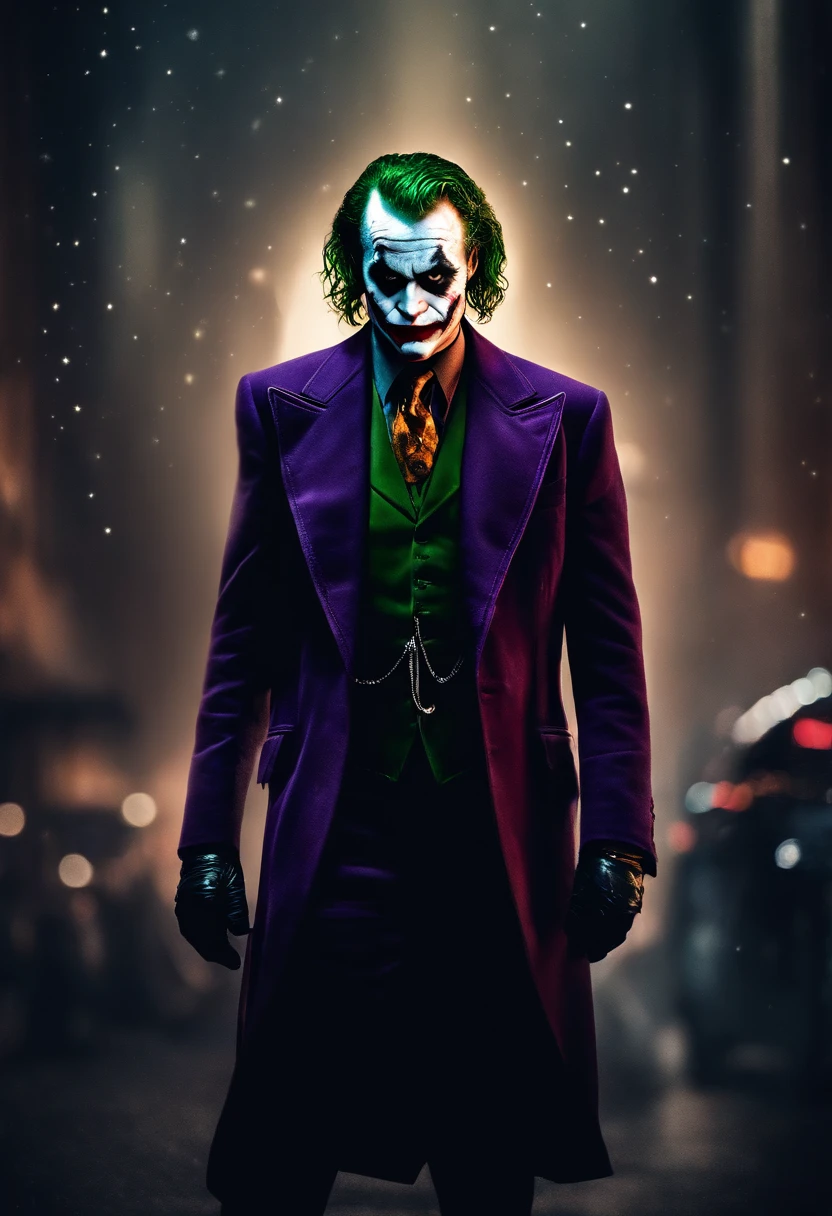 Create a bold graphic illustration of The Joker, the Mob Boss, wearing warrior garments with glowing constellation tattoos across their skin and face. Incorporate elements of the dark fantasy city, nightmare lights, and a starry night as the background."