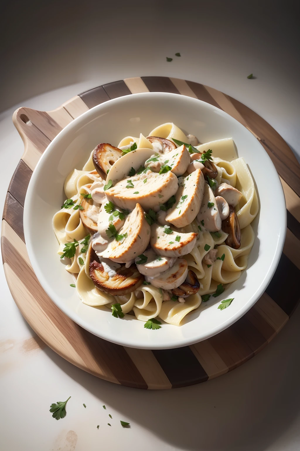 Creamy white sauce with mushrooms, parsley, only a few pieces of chicken, realistic. tagliatelle pasta