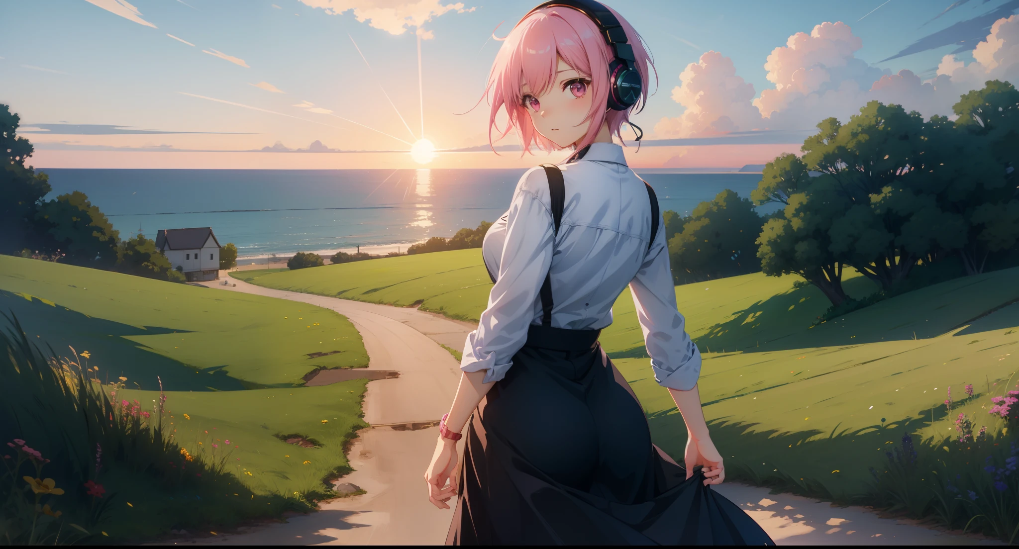 Large grasslands、landscapes、Movie stills、Sea、Sunset in the city(Spark:0.7)、Scenery like Makoto Shinkai、pink shorth hair、Pink eyes、headphones、kawaii、Hair is short、short-cut、eyes large、breasts are small