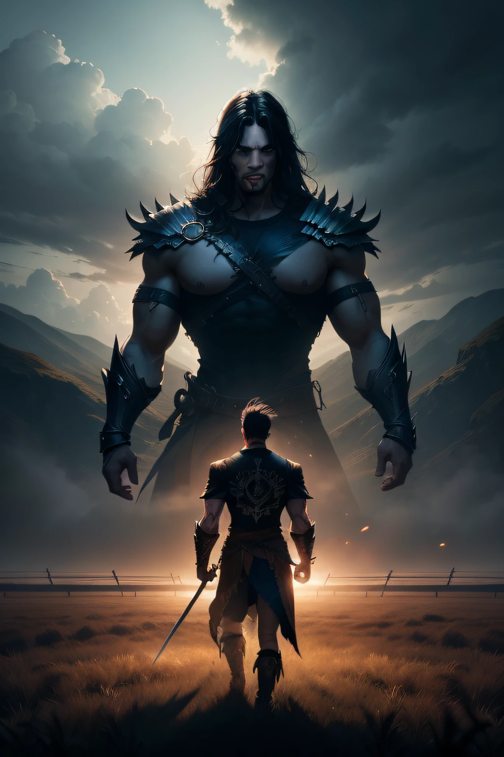 print ready vector t-shirt design, somber scene with strong warrior, with mystical darkness and fields in the background, clean white background, professional vector, full shot, 8K resolution, deep impression illustration