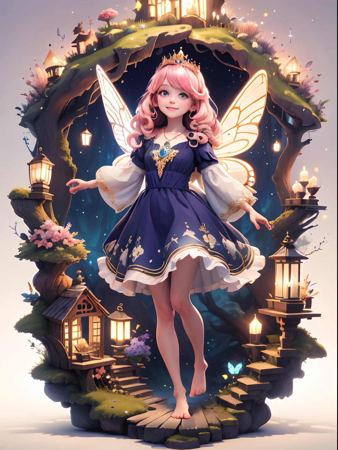 (((masterpiece))),best quality, [(white background:1.5)::5], (isometric:1.1), mid shot, full body, flowy dress, pastel colors, floral pattern, long hair, pink hair,  hairpin, blue eyes, innocent expression, small breasts, barefoot, enchanted forest, soft sunlight, butterflies, fairy wings, magical wand, tiara, cute animal companion, sparkling stars, floating petals, ethereal atmosphere, dreamy background, moss-covered tree trunk, babbling brook, toadstools, floating lanterns, floating books, enchanted necklace, shimmering moonlight, whimsical flowers, glowing fireflies, magical sparkles, floating bubbles, fairy dust, gentle breeze, dainty hands, rosy cheeks, innocent smile, twinkling eyes, golden crown, small stature, childlike wonder, rainbow-colored sky, radiant aura, playful pose, twirling motion, enchanted ambiance, mystical setting, 3d, 3dmm