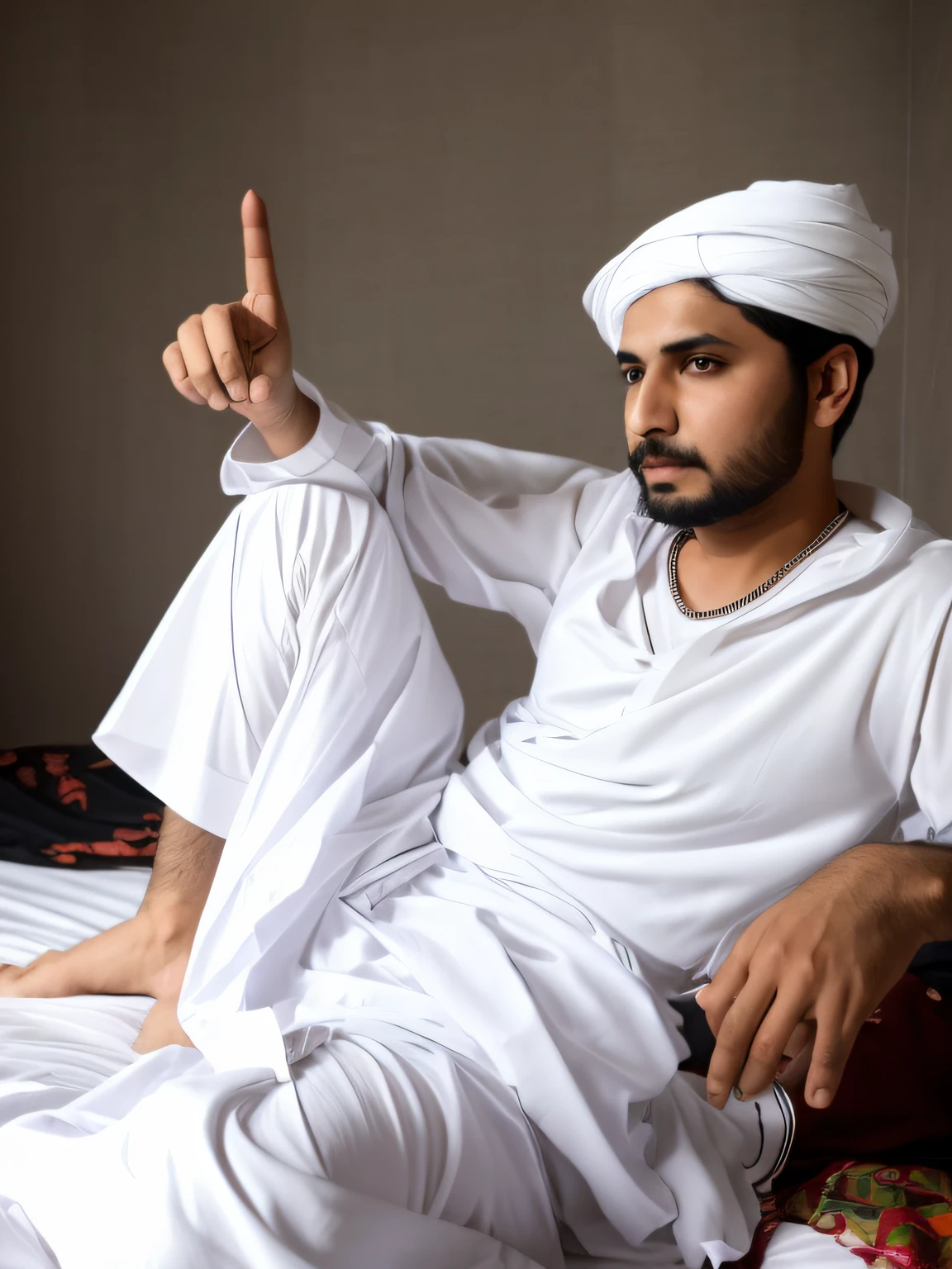 there is a man sitting on a bed pointing at something, an afghan male type, kyza saleem, khyzyl saleem, wearing a kurta, edited in photoshop, indistinct man with his hand up, with index finger, by Riza Abbasi, very artistic pose, with a cool pose, in an action pose, provocative indian, portrait shot