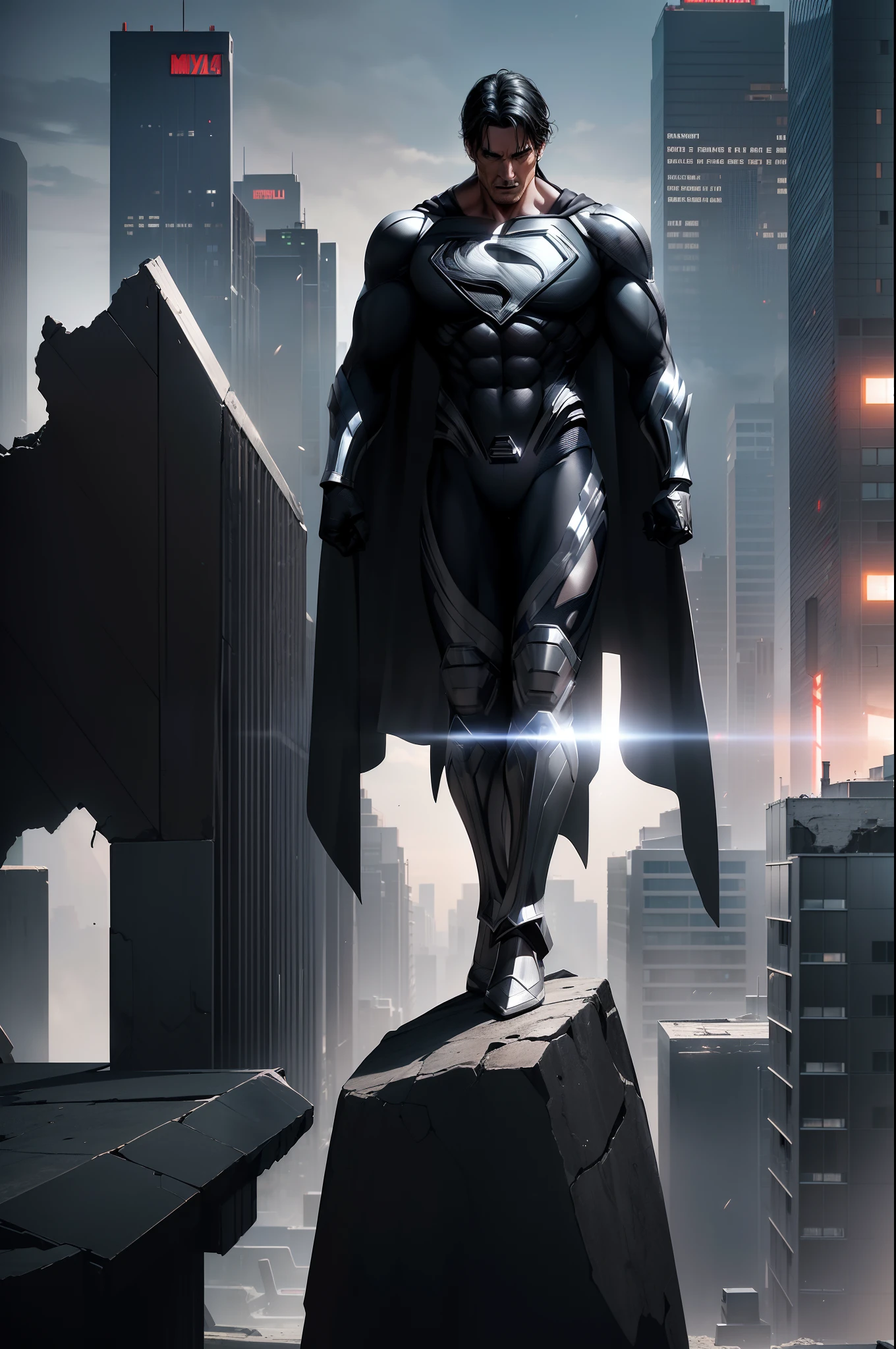action shots of  M1lly4c0k2222 ((wearing a sexier revealing black and silver version of the evil superman suit man of steel)), large breasts, toned body, (explosions in the background a city in ruins), Style-BladeRunner2049-8v Intricate, High Detail, Sharp focus, dramatic, ((photorealistic))